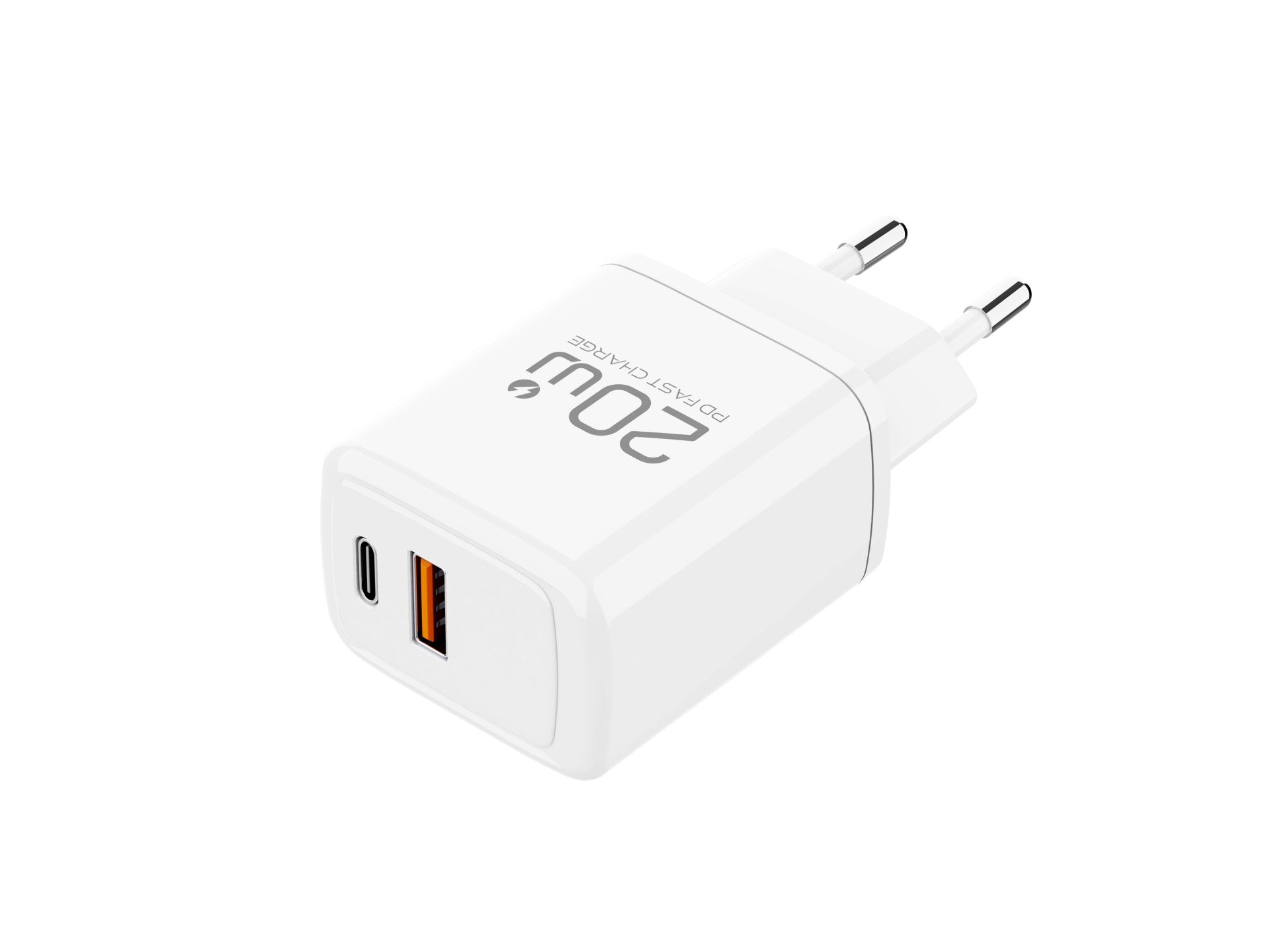 Cargador Techancy TA2825 PD3.0 de 20 W con dos puertos USB-C y USB-A, compatible con varios teléfonos móviles y tabletas.