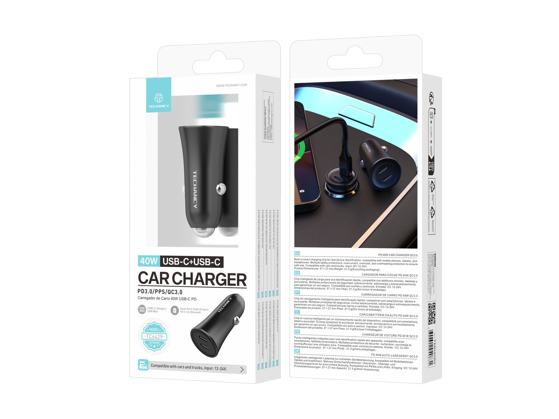 Cargador de coche Techancy TC6429 de 40 W con doble USB C PD PPS QC3.0, carga rápida, 12 V, 24 V, color negro