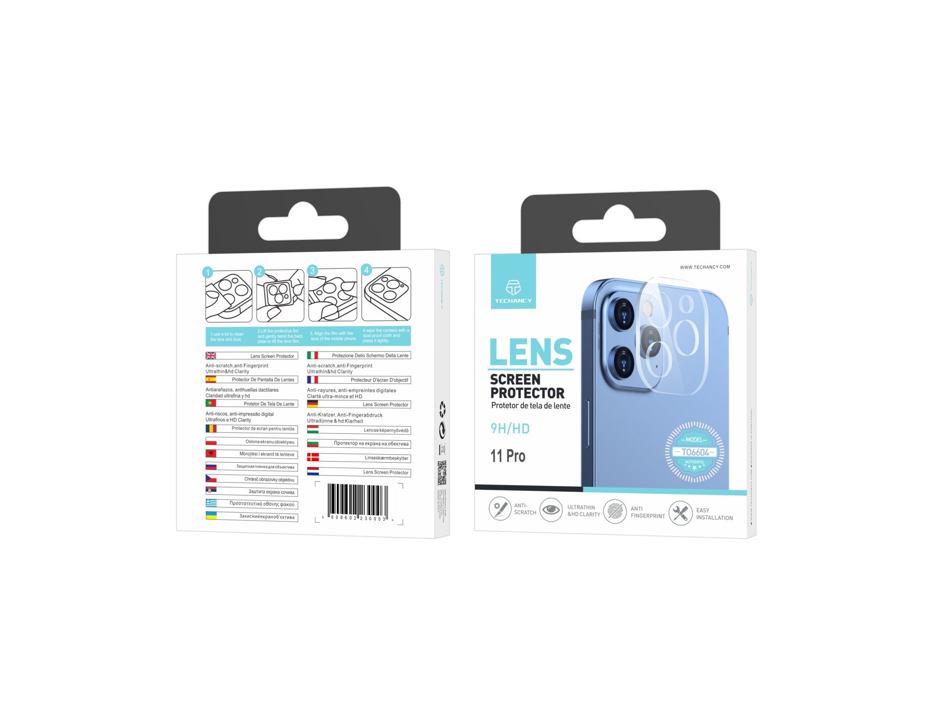 Techancy Protetor de Lente para iPhone 11Pro TO6604, 9H Anti-riscos, Anti-digital, Ultrafino e HD, Fácil de Instalar