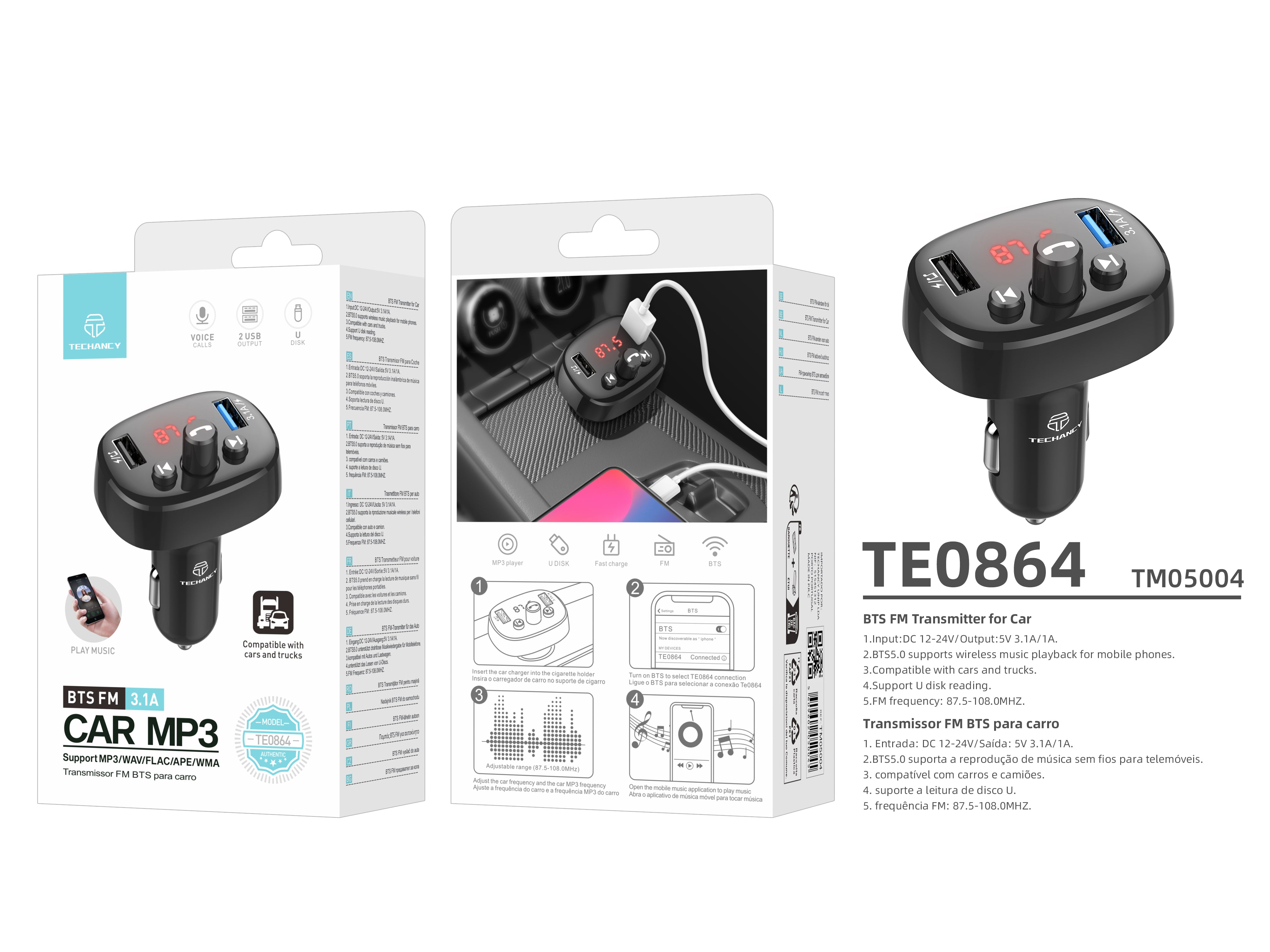 Techancy FM Car Transmitter Black TE0864, ??3.1a, 2 USB Ports, MP3 Player, Compatible with 12v-24v Voltage.