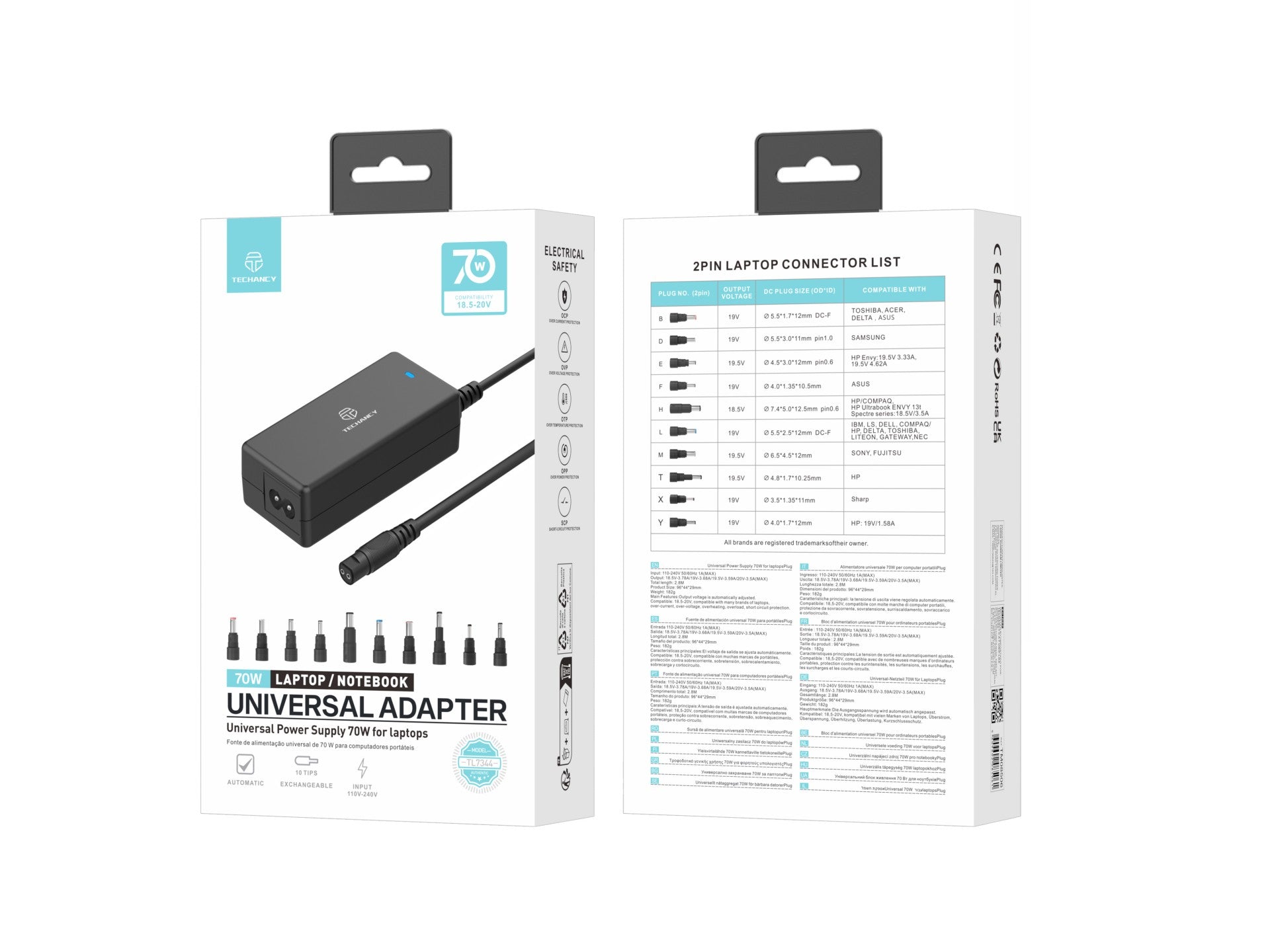 Techancy Adaptador de energia universal TL7344 para laptops, com potência de 70W, 10 conectores e proteções contra sobrecorrente e sobretensão