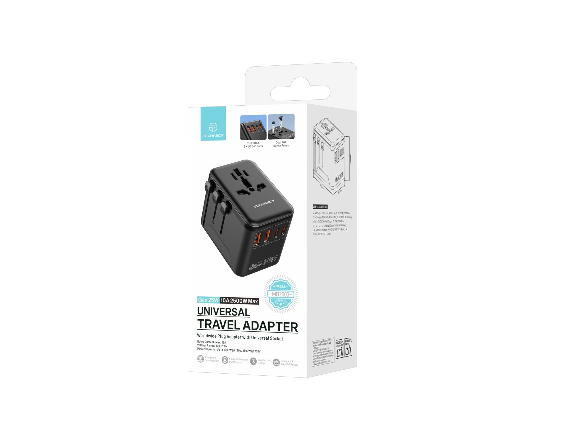 Techancy Universal Travel Adapter MB2503 Converter World Socket GaN 25W 2500W 10A Compatibility UK EU US AUS With USB Black