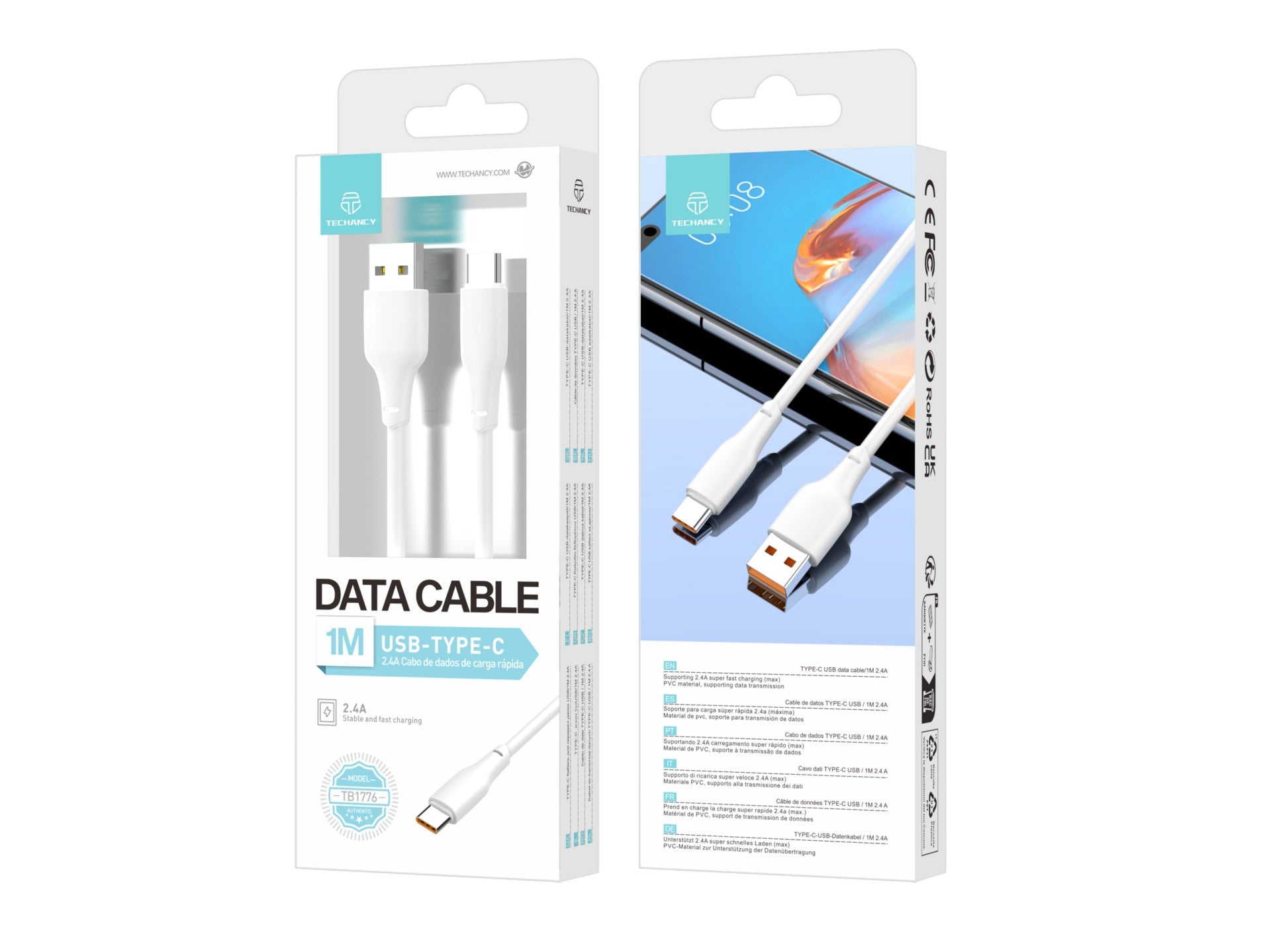 Techancy Cabo De Dados Usb-Type-C Branco 1M TB1776,Carregamento Rápido De 2,4 A, Suporta Transmissão De Dados, Material Pvc
