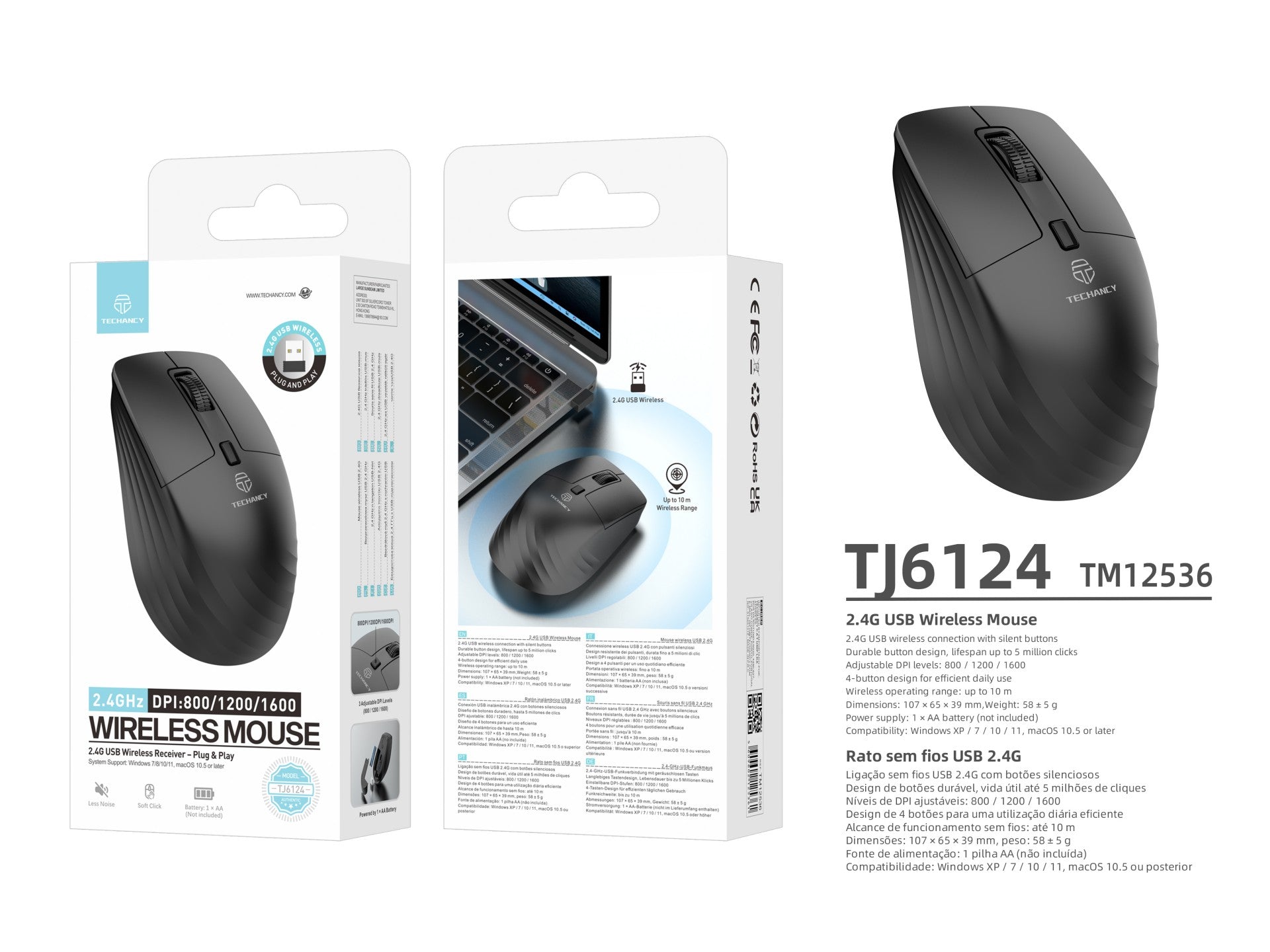 Ratón inalámbrico Techancy TJ6124 2.4G con receptor USB, Plug and Play, botones silenciosos, 800/1200/1600 DPI, negro