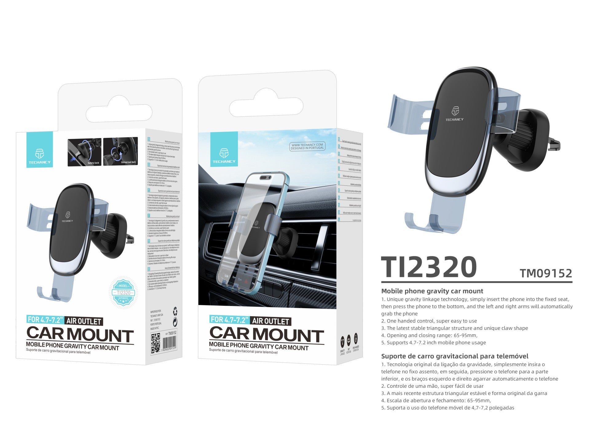 Techancy Suporte Gravitacional Para Automóvel Para Telemóveis 4,7 - 7.2 TI2320, Ângulo De Visualização Ajustável, Preto
