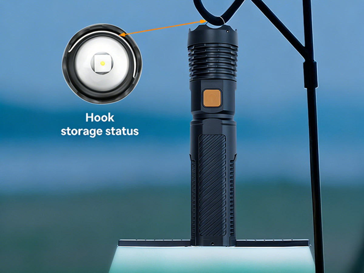 Techancy MO1211 Rechargeable LED Flashlight with COB Light, USB-C, Power Bank Function, Light Modes, for Outdoor Use, Black