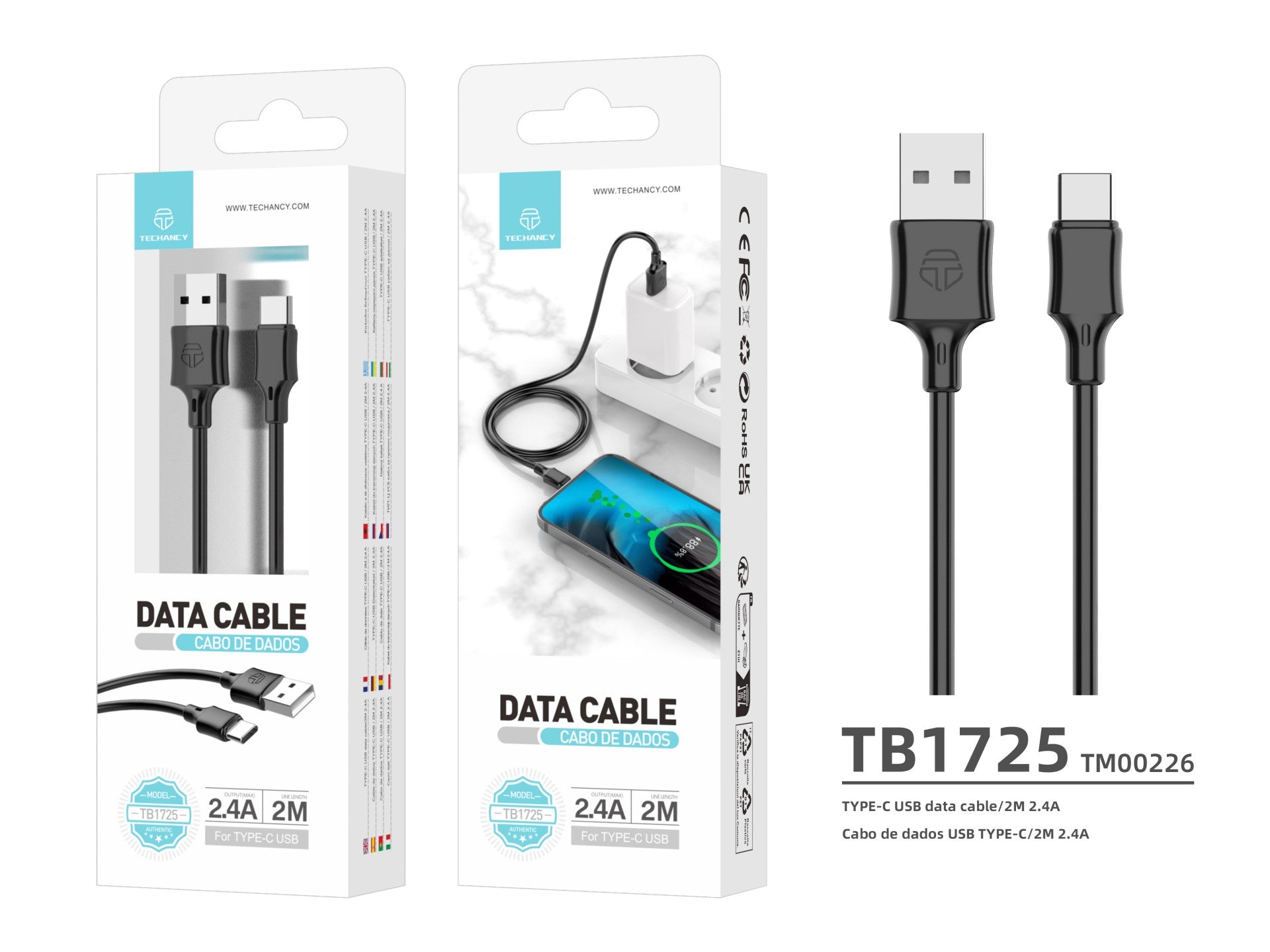Techancy Cabo De Dados Usb-Tipo C Preto TB1725, 2m De Longa Distância, Carregamento De 2,4a, Compatível Com Telemóveis Tipo C