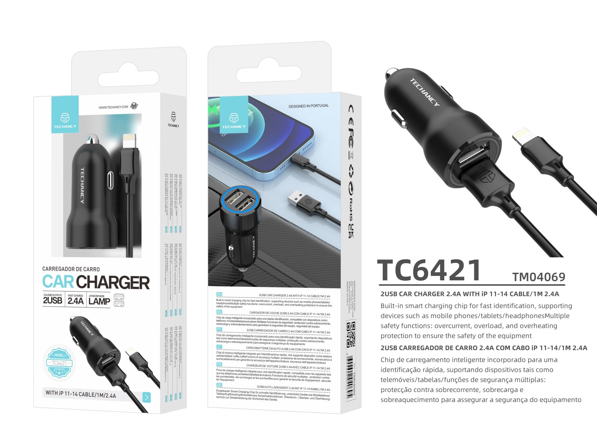 Techancy 2USB 2.4A Car Charger with 11-14/1M IP Cable TC6421 Black, Fast Charging, Multiple Protections