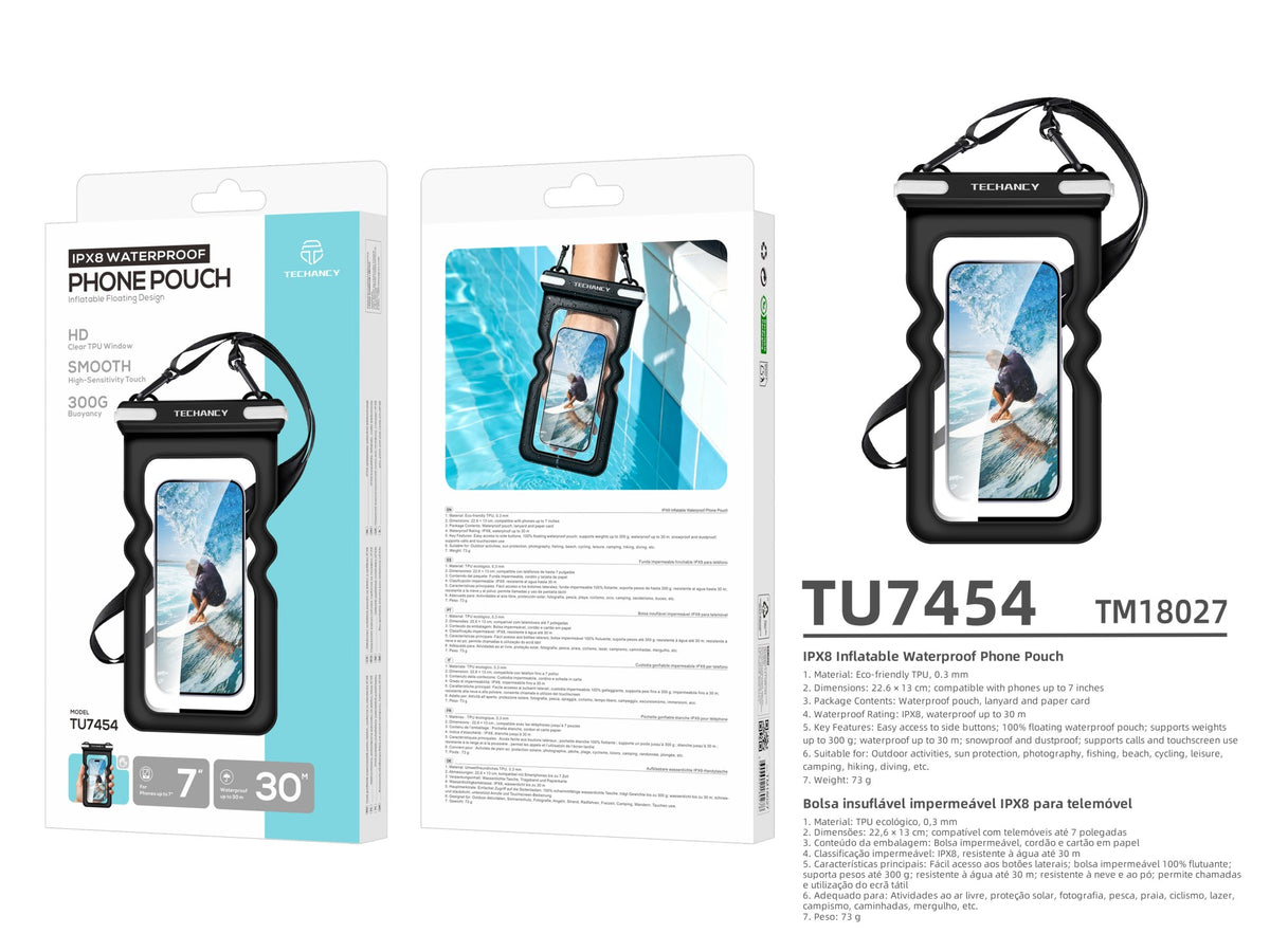Bolsa Impermeavel Insuflavel para Telemovel Techancy TU7454, 7 Polegadas, IPX8, Ate 30m, Flutuante, Ecra Tatil, Preto
