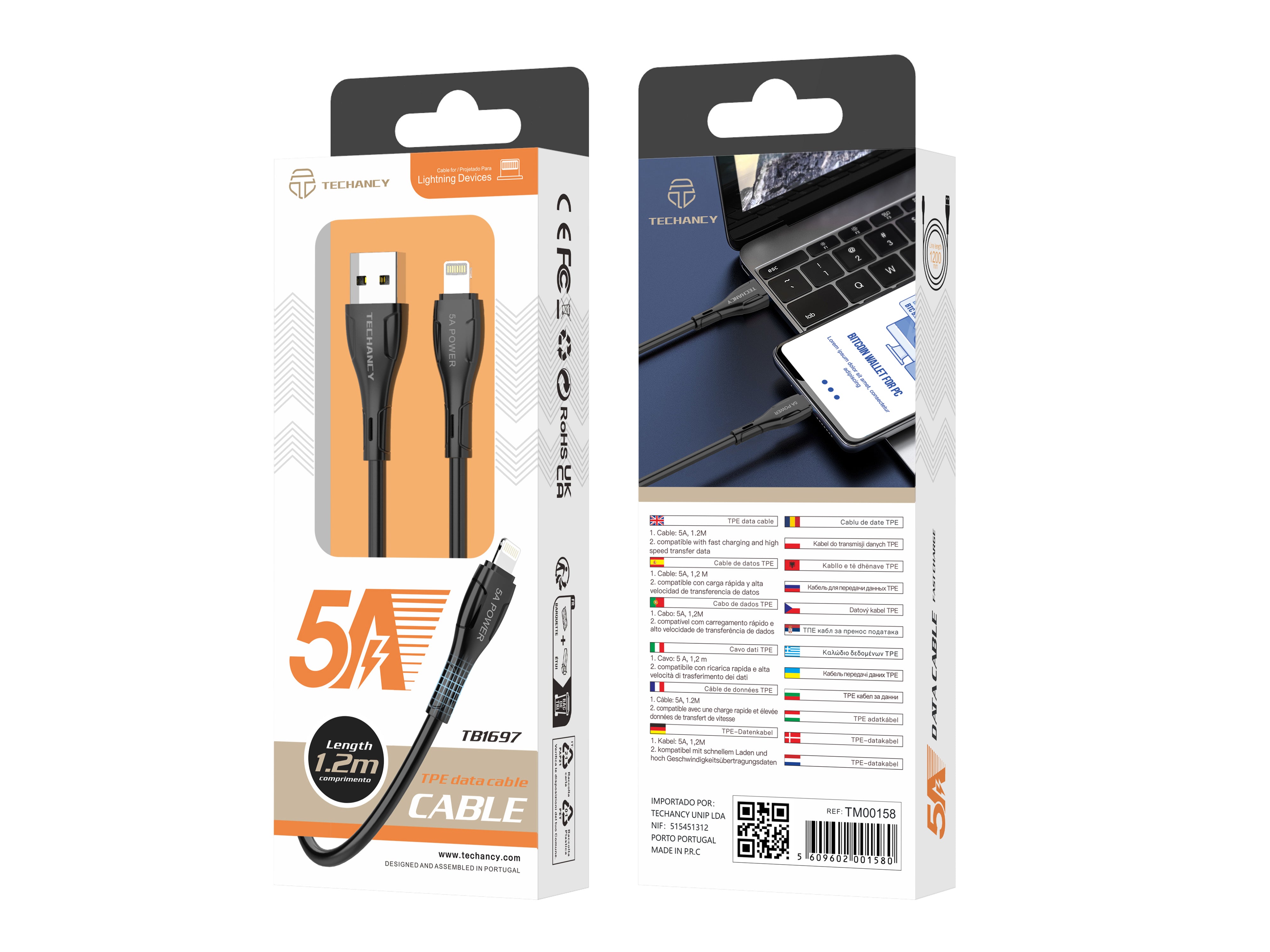 Techancy Cabo De Dados Usb-Ip7/8/X/11-14 TB1697,1,2m 5A Carregamento Rápido, Transferência De Dados, Preto