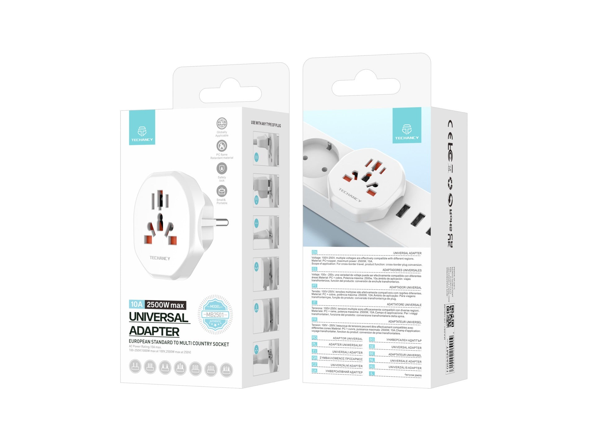 Techancy Adaptador De Viagem Branco MB2500, 2500w (Máx.) Ue Para Tomada Global Para Viagens Transfronteiriças