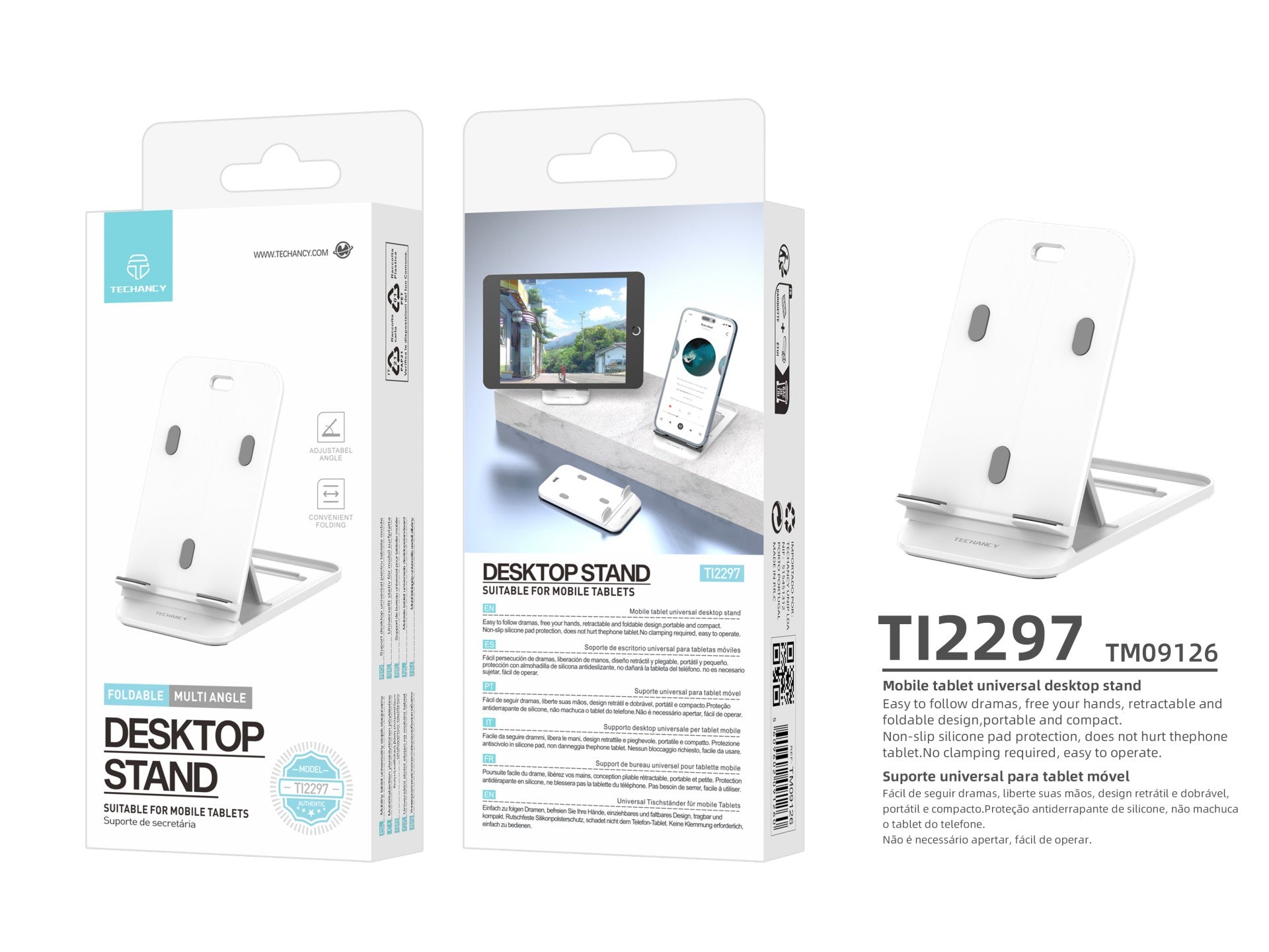 Soporte de escritorio para celular Techancy Ti2297, blanco, diseño plegable para dispositivos móviles, tabletas y celulares.