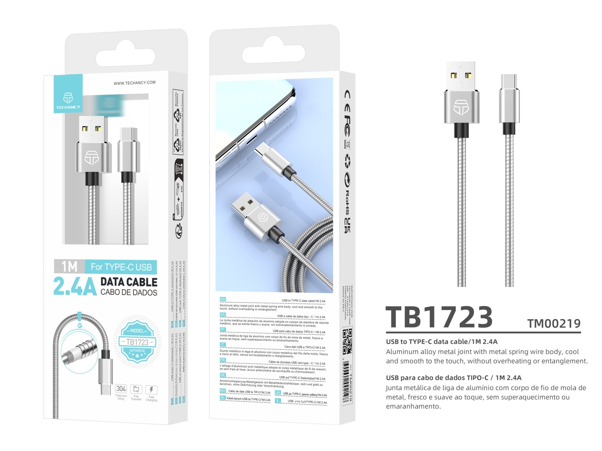 Techancy Cabo De Dados De Alumínio 1m TB1662, Design Totalmente Metálico, Usb-Tipo C, Carregamento De 2,4a.