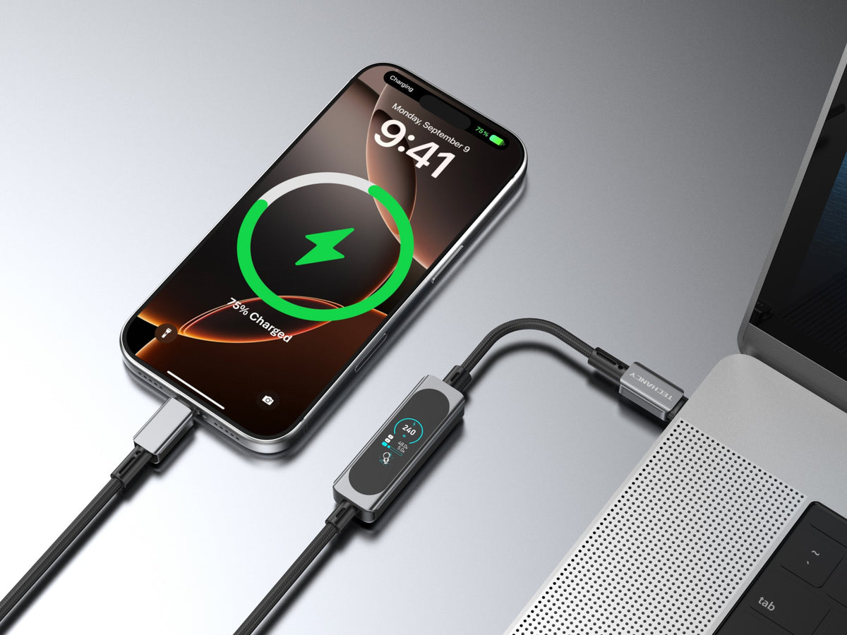 Cabo USB-C para USB-C 240W TECHANCY TB1806, PD 3.1, 1,2 m, Ecra Tatil TFT, Nylon Entrancado, Dados 480 Mbps