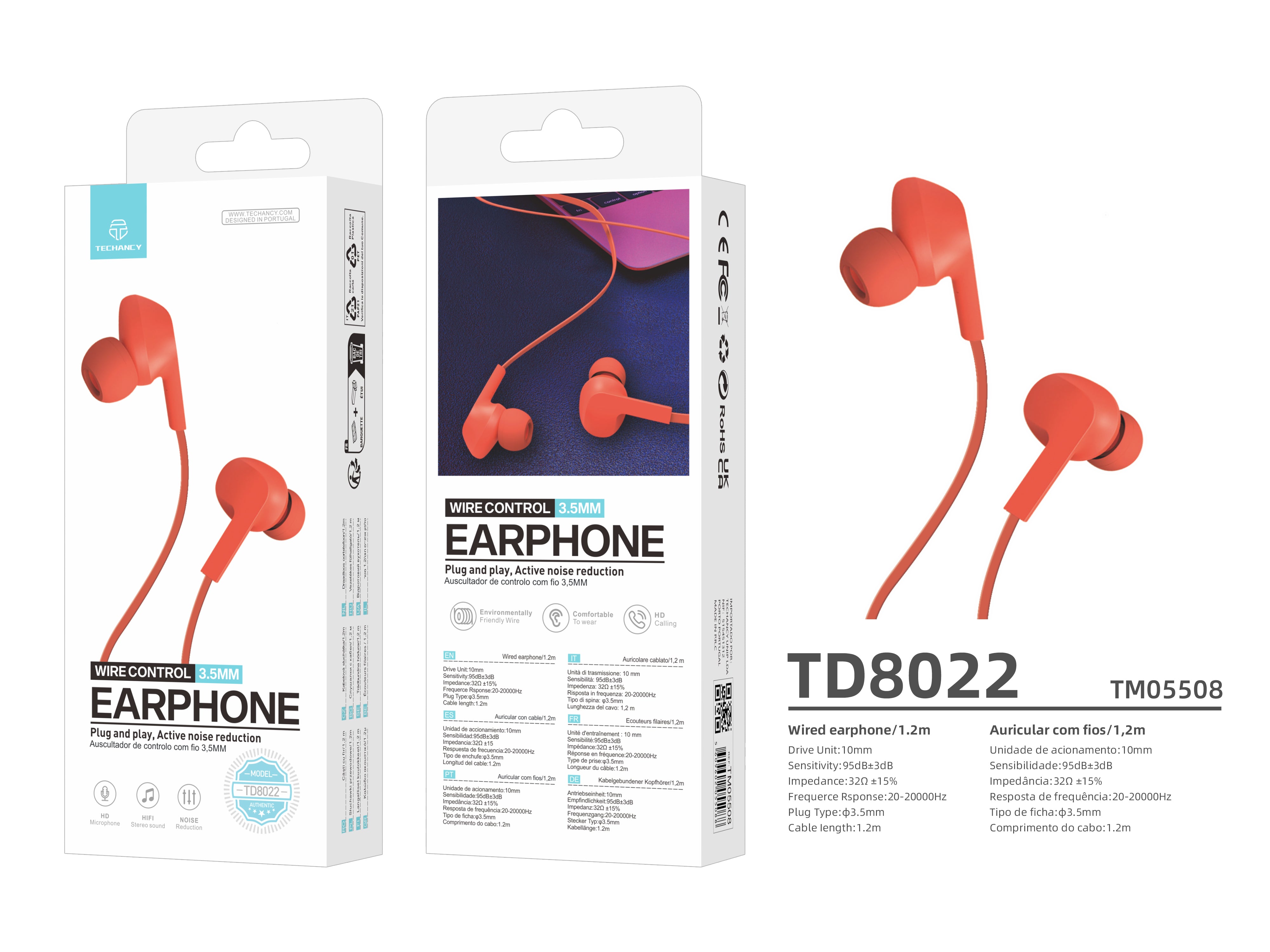 Techancy Auricular Com Fios Laranja TD8022 , Microfone Integrado, 3,5 Mm, Compatível Com Smartphones E Tablets