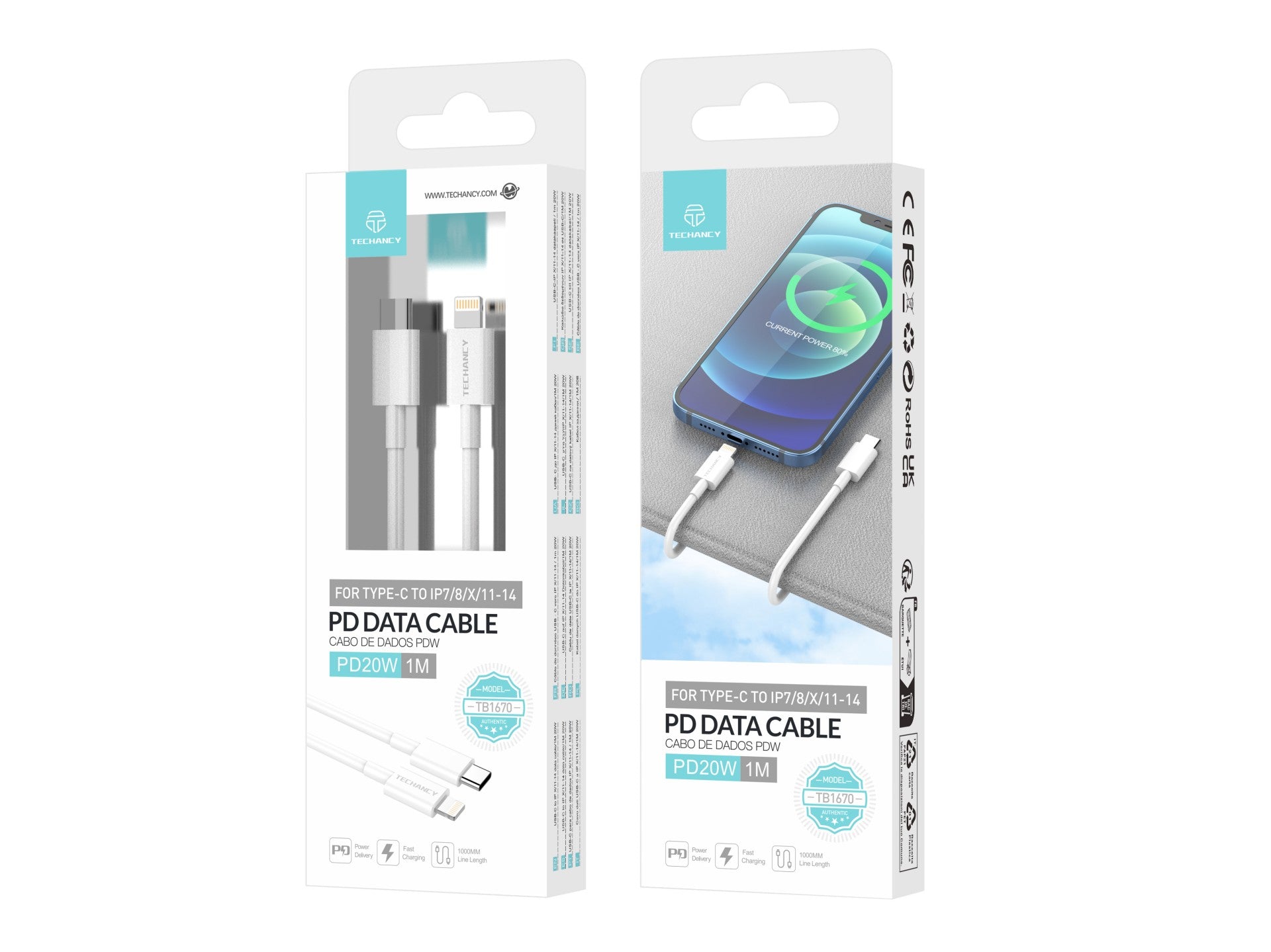Techancy USB-C to Lightning Data Cable TB1670, 20W Fast Charging, 1 Meter, White, Compatible with iPhone and iPad
