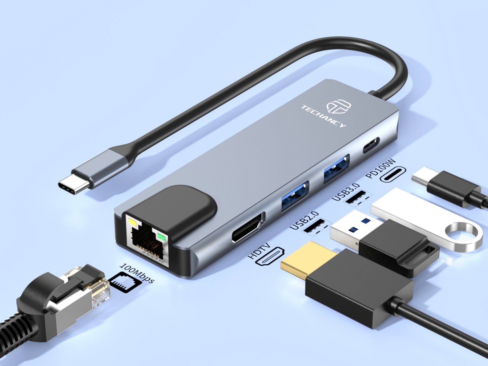 Techancy Hub USB-C 5 em 1 KT2910 com HDTV, PD, USB 3.0/2.0 e RJ45, Compativel com PC e Telemovel, Cinzento