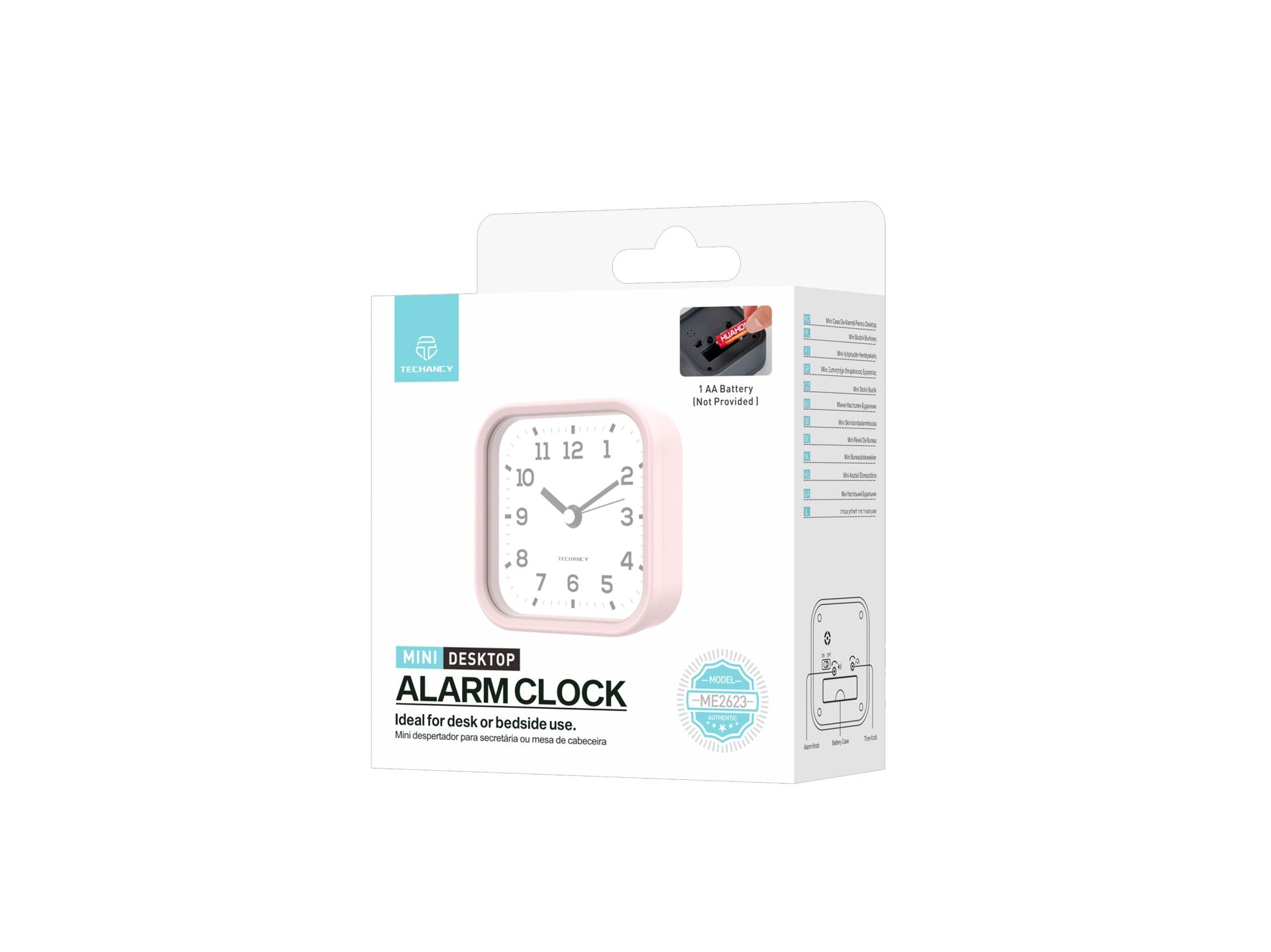 Techancy Mini ME2623 Silent Desk Alarm Clock, Large Numbers, HD Mirror, ABS Body, Portable for Bedroom and Desk, Pink Color