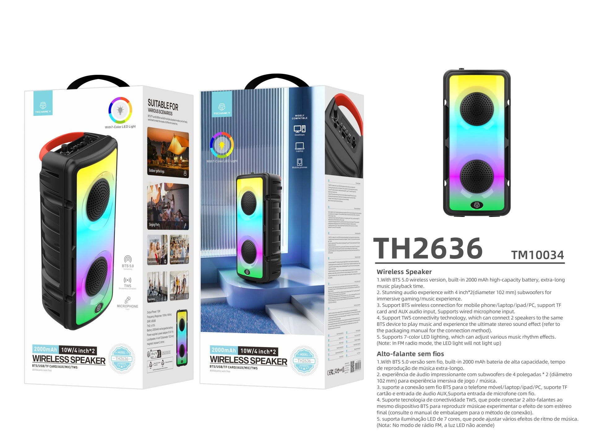 Techancy TH2636 Wireless Bluetooth Speaker, 2*4 Inch Speaker, TWS Stereo Sound, Led Light Rhythms,