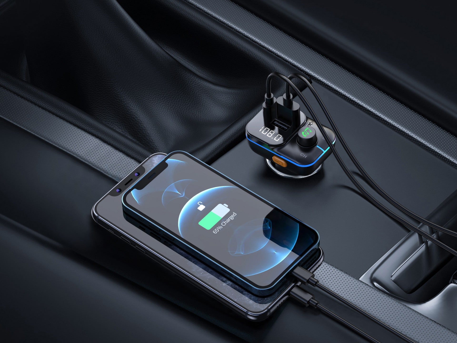 Techancy Transmissor Fm Para Automóvel TE0868, Carregamento Rápido Pd De 25 W, Reprodução De Mp3, 7 Leds A Cores