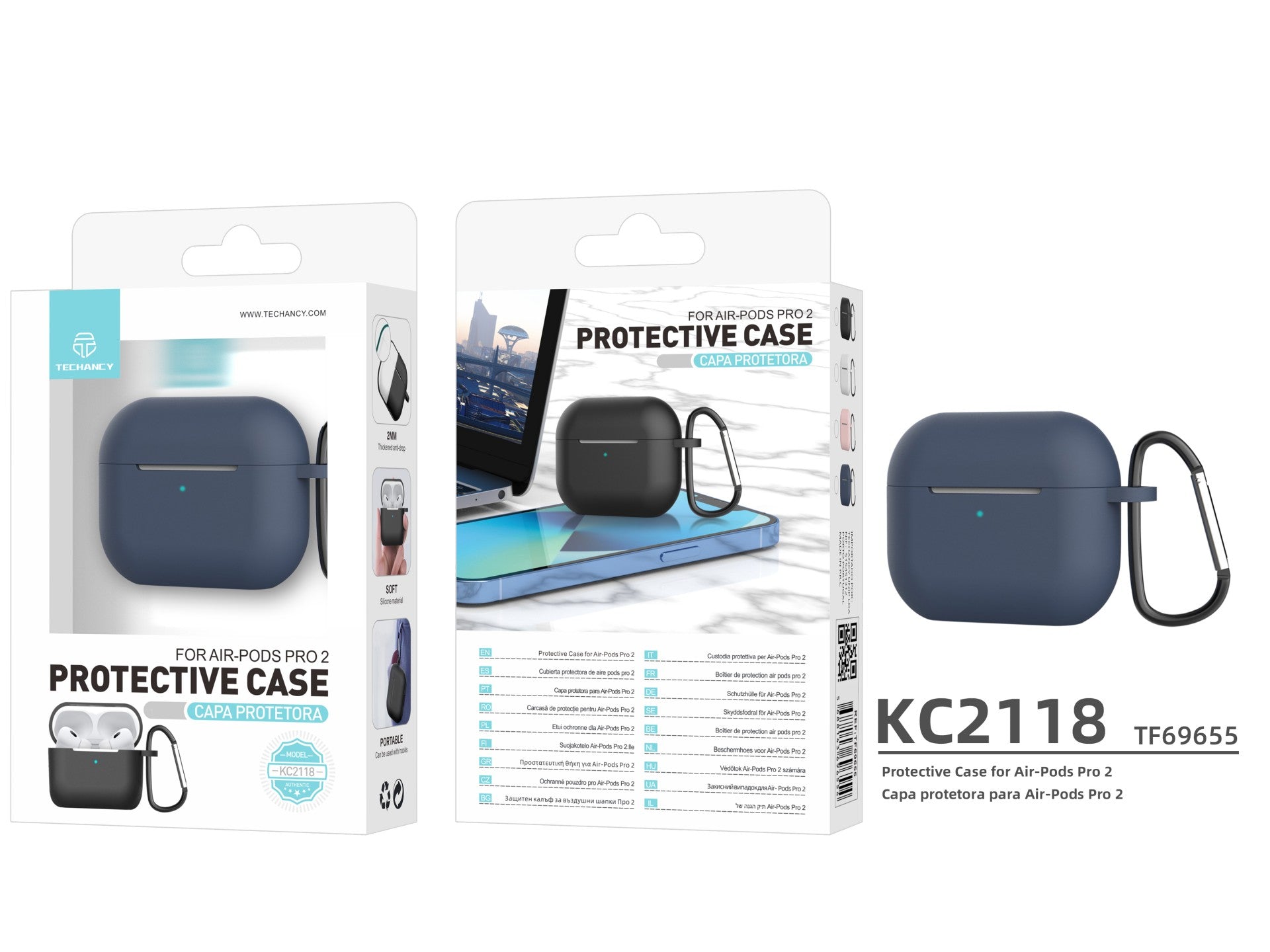 Techancy KC2118 silicone earphone case, compatible with 2nd generation AirPods Pro, blue.
