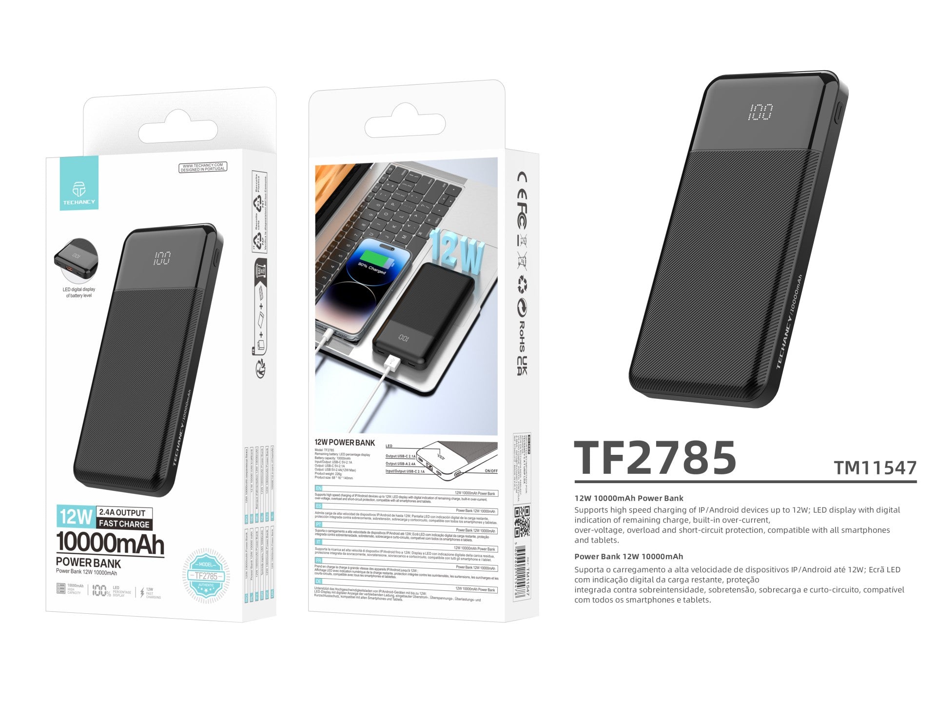 Techancy Power Bank TF2785 10000mAh Carregamento Rápido 12W Saída 2.4A Ecrã LED Compatível com iPhone/Android Proteção Inteligente Preto
