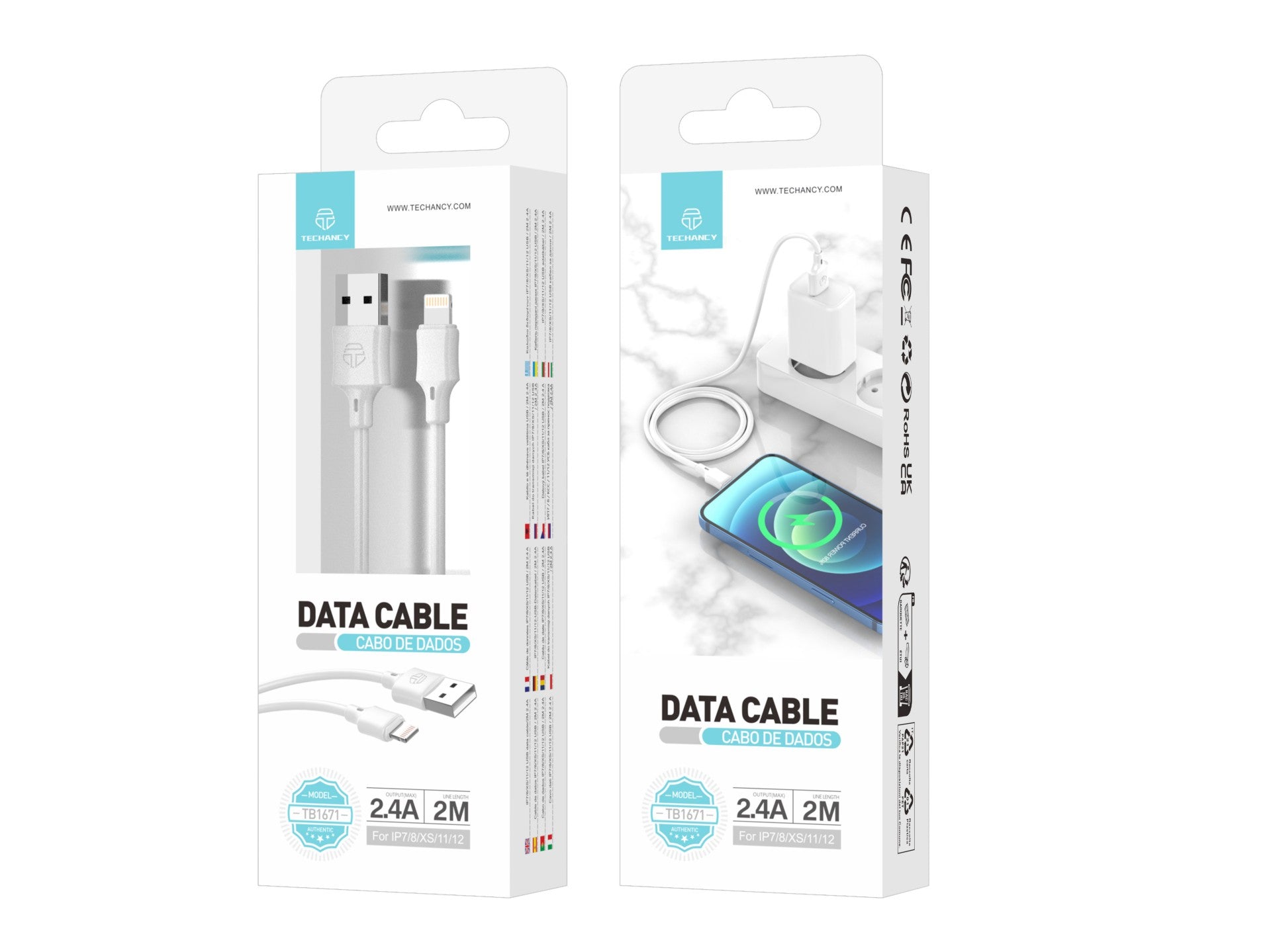 Cable de datos USB-Lightning Techancy blanco TB1671, 2 m de distancia, carga de 2,4 A, compatible con iPhone/iPad