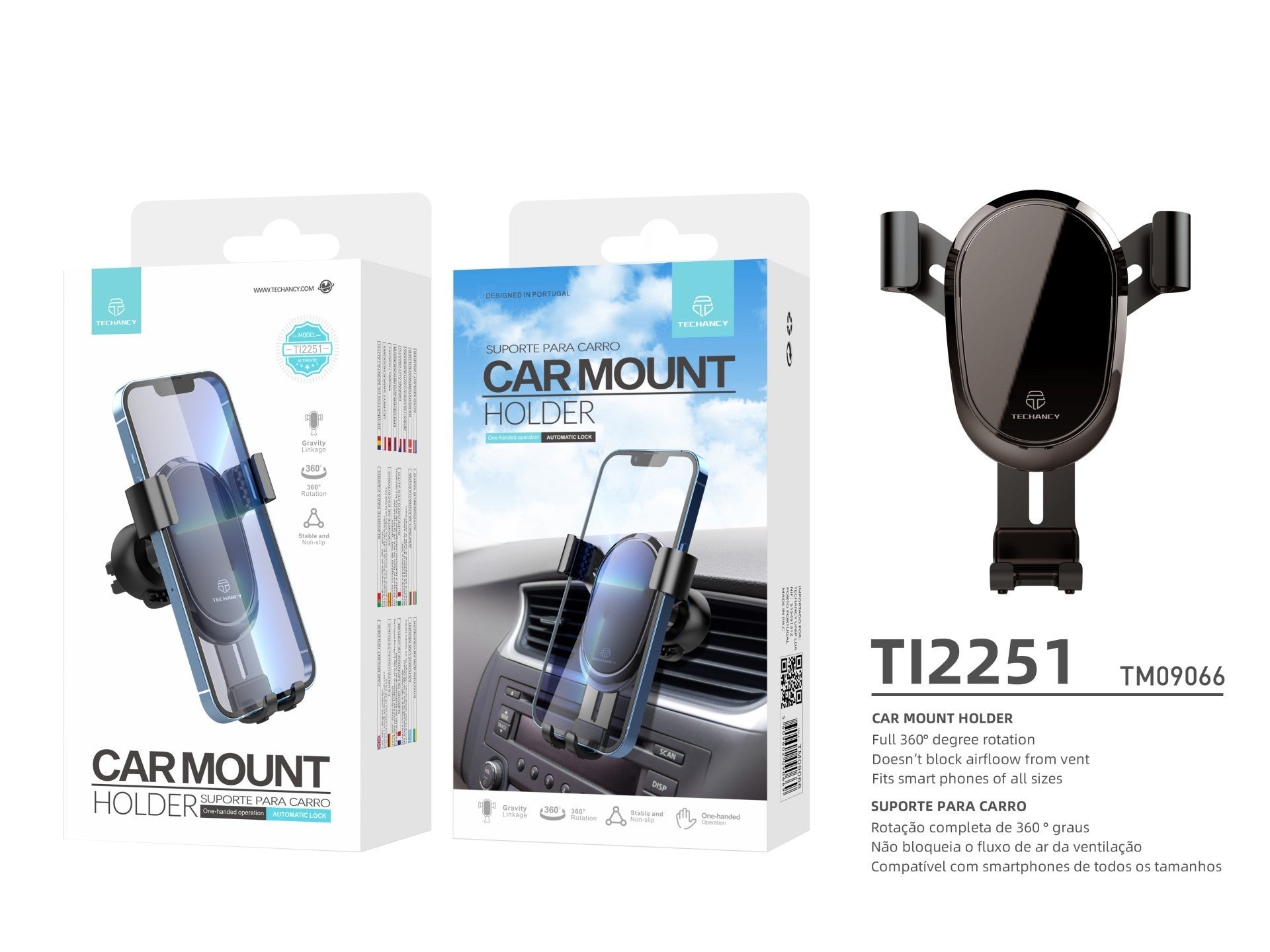 Techancy TI2251 Car Phone Holder, for 7.2” Phones, Firm Gravity Support, Metal.