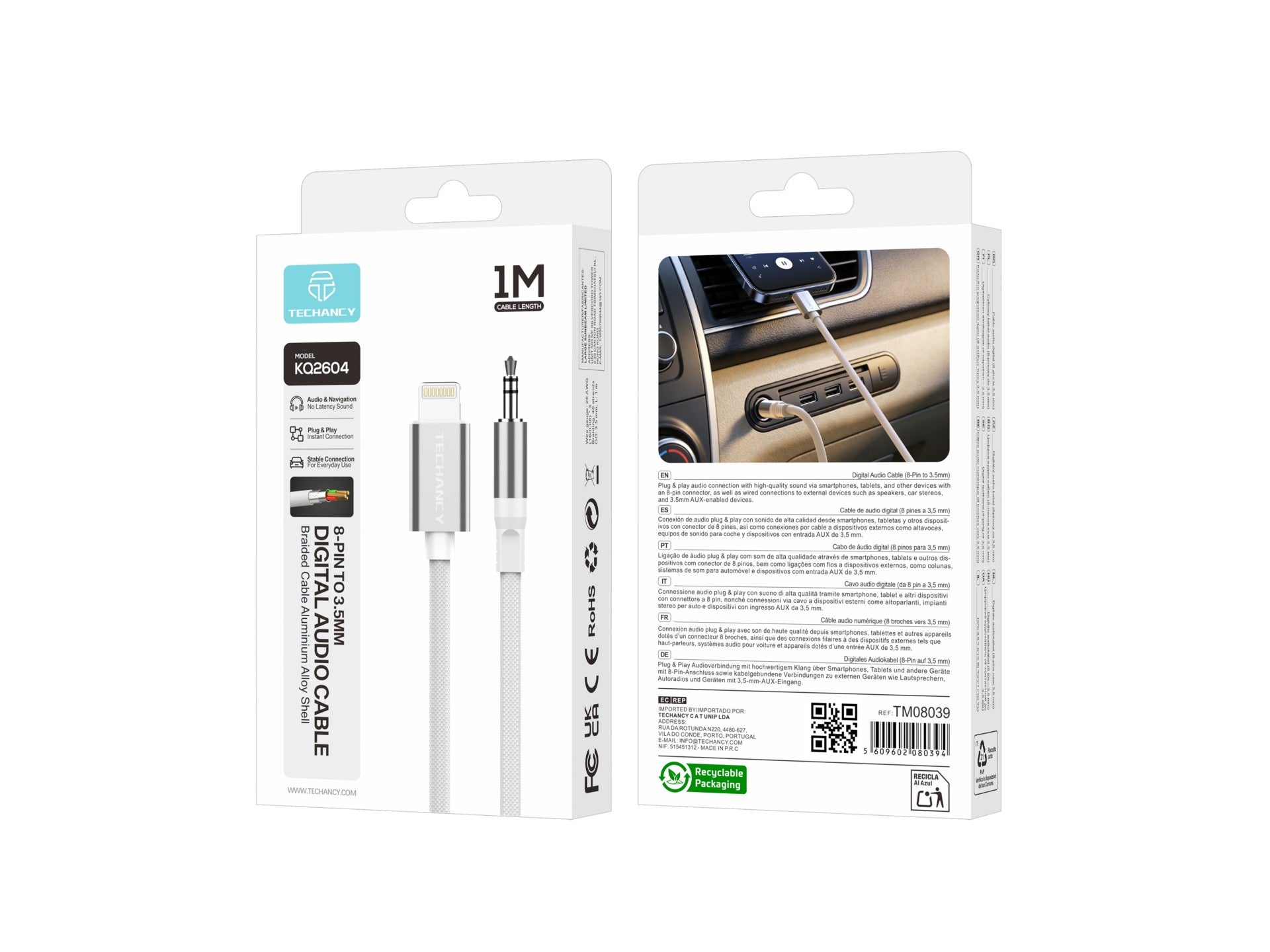Cable de audio digital Techancy KQ2604 de 8 pines a 3,5 mm, 1 m, trenzado, compatible con teléfonos móviles, audio para coche y auriculares, blanco.