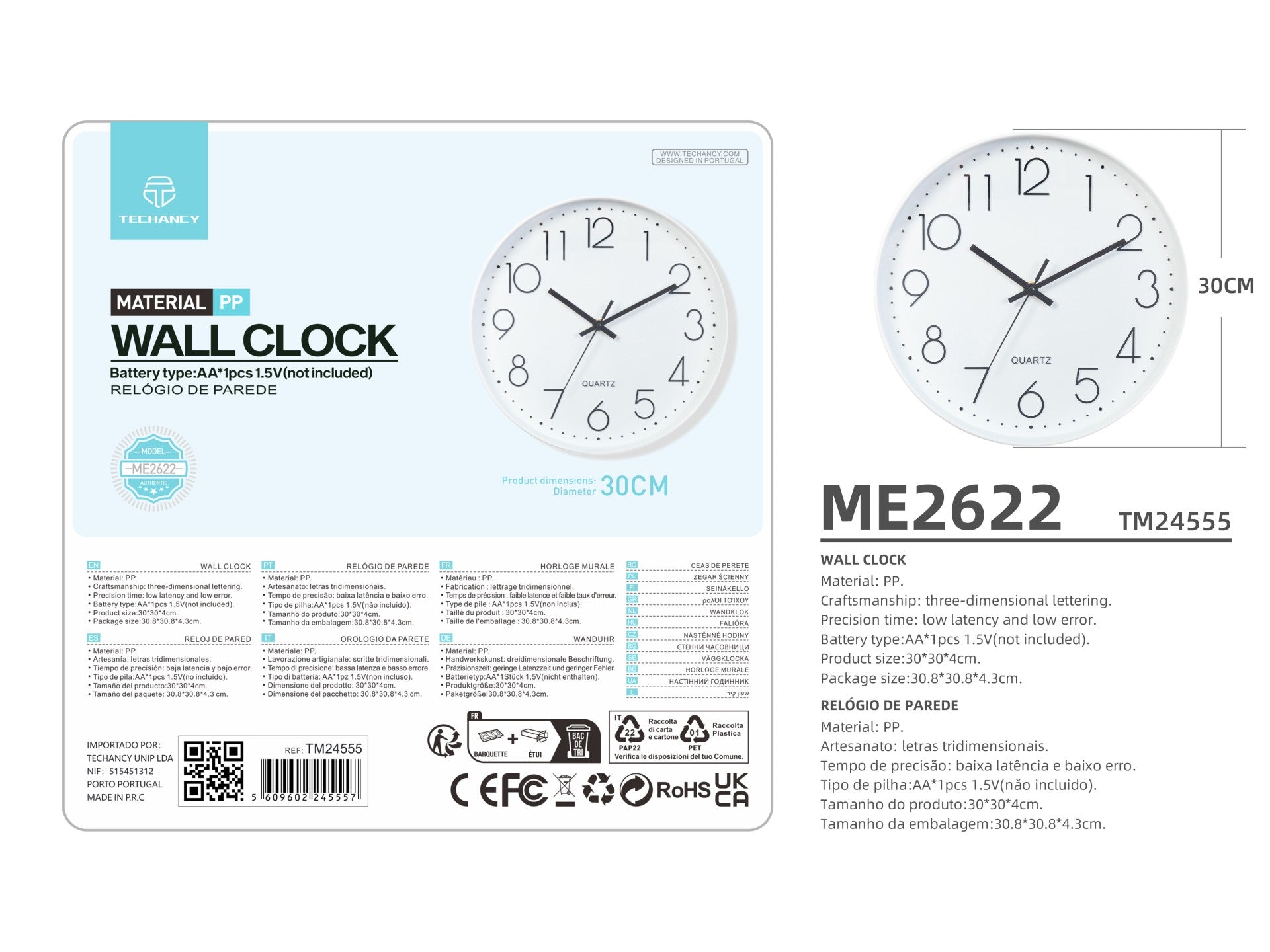 Techancy Wall Clock ME2622, 30 cm in diameter, 3D engraved, silent clock for home, office and kitchen.