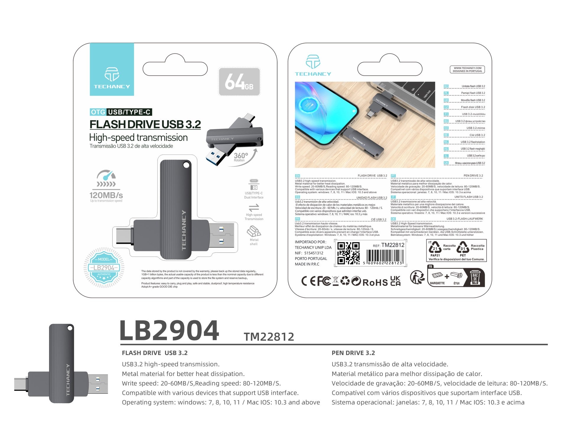 Techancy Unidade Flash Usb3.2 De Alta Velocidade LB2904, 64 GB, Conetor 2 Em 1 Tipo C E Usb-A, Compatível Com Pc/Móvel/Mac