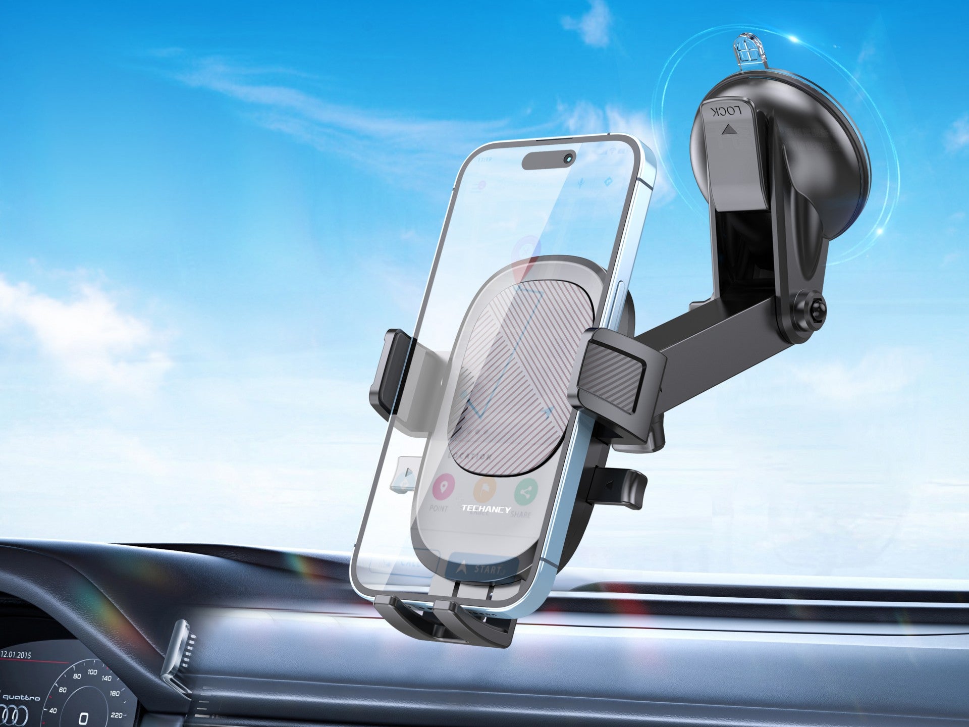 Techancy TI2328 Car Phone Holder Black, Adjustable Suction Cup, Compatible with 4.7-7.2 inch Phones