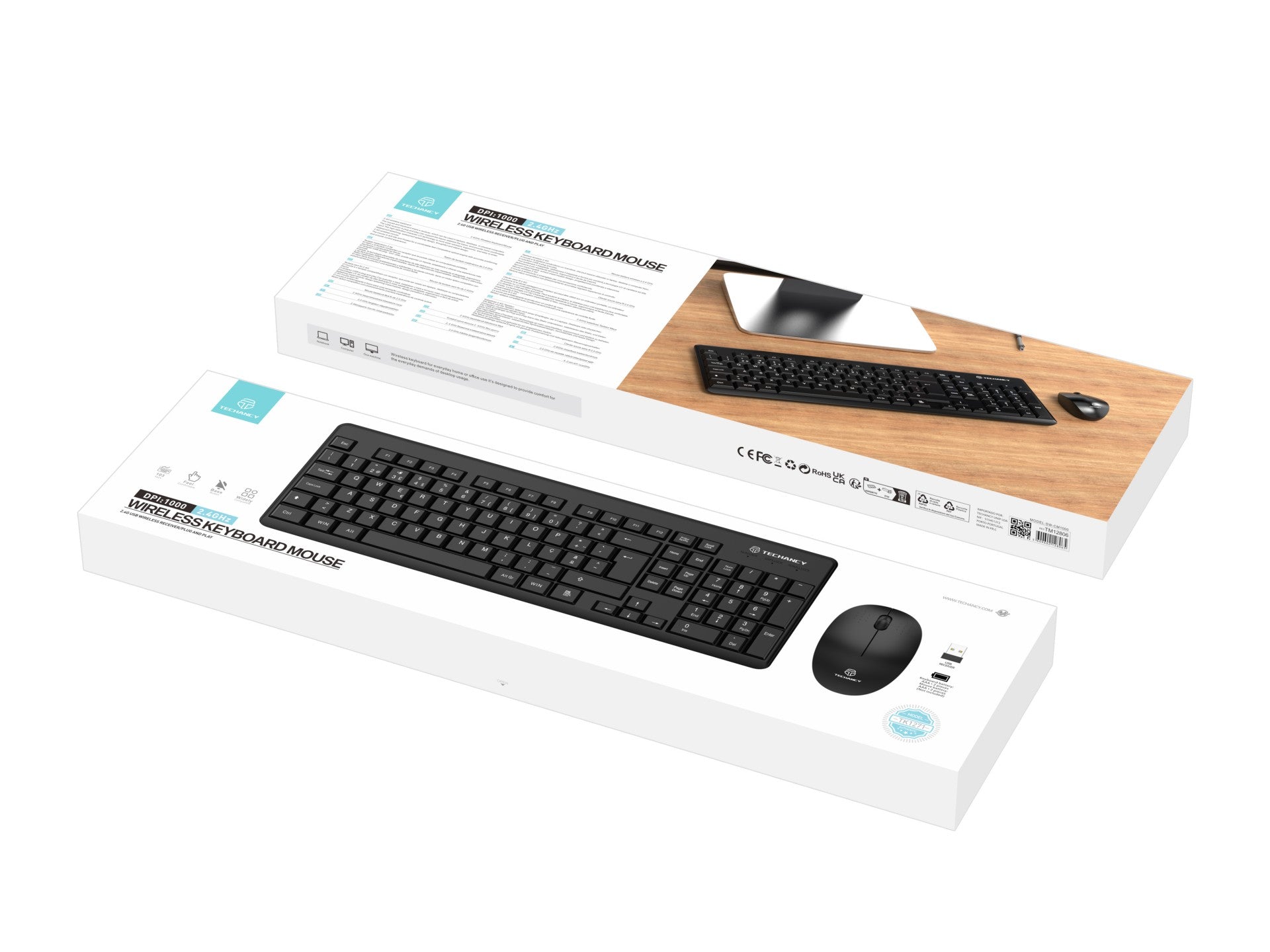 Techancy Kit De Teclado E Rato Sem Fios 2.4g Preto TK1271, Teclas Em Português + Inglês, Teclas De Silêncio Para Escritório