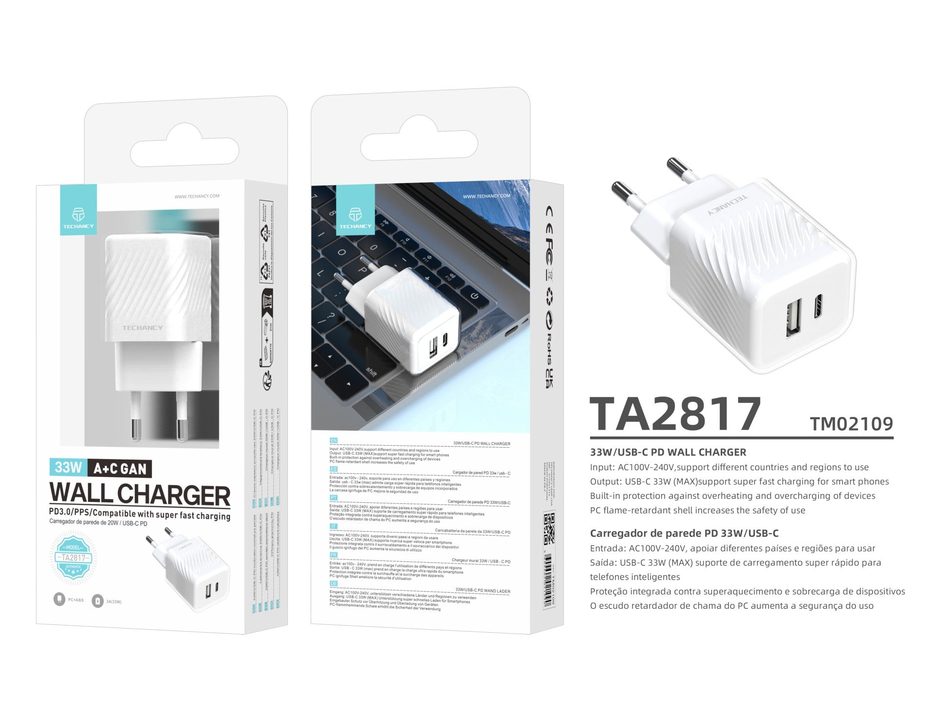 Techancy Carregador De Parede Pd Usb-C De 33 W Branco TA2817, Adaptador De Carregamento Rápido A + C De Porta Dupla Para Gan.