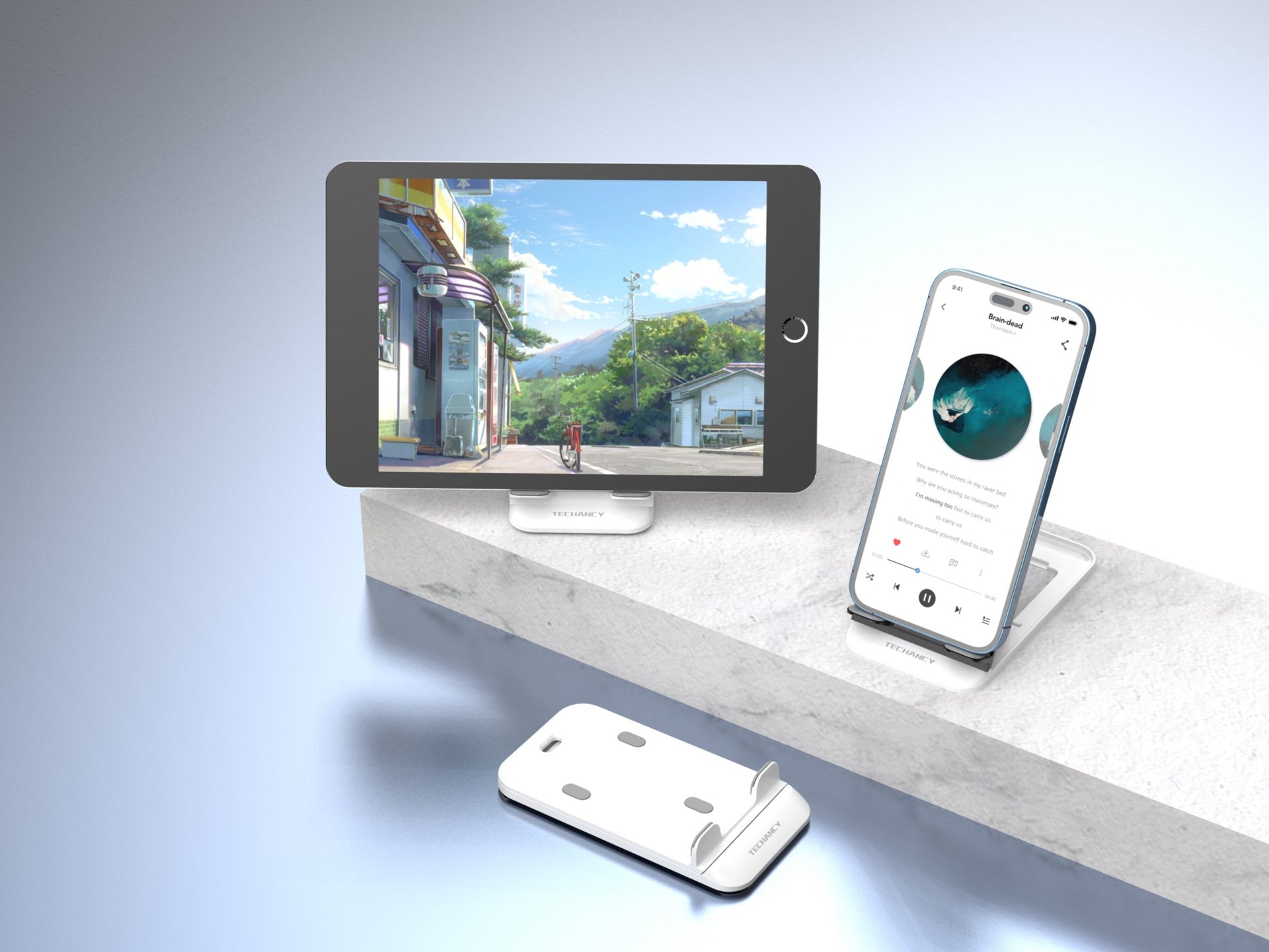 Soporte de escritorio para celular Techancy Ti2297, blanco, diseño plegable para dispositivos móviles, tabletas y celulares.