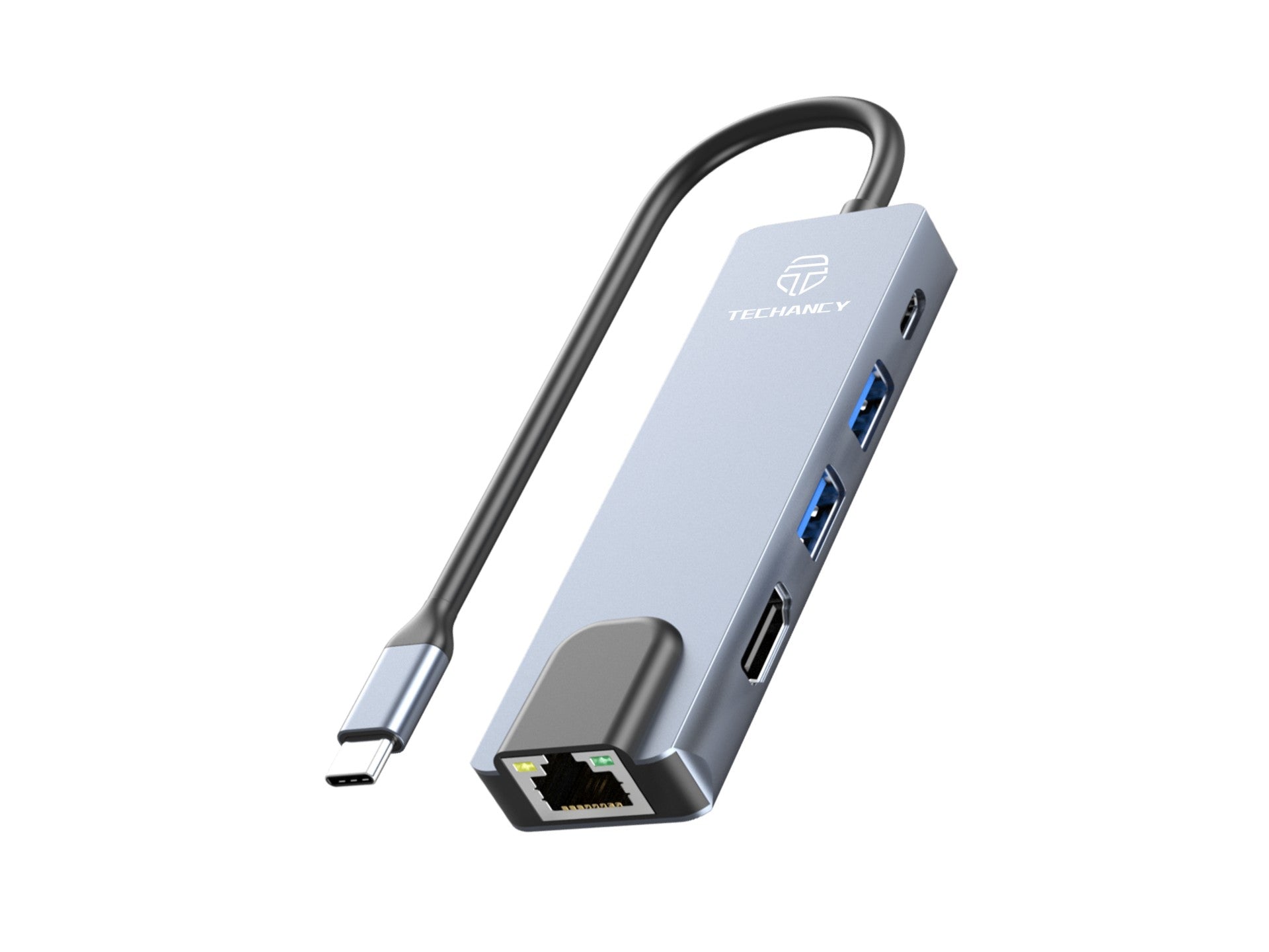 Techancy Hub USB-C 5 em 1 KT2910 com HDTV, PD, USB 3.0/2.0 e RJ45, Compativel com PC e Telemovel, Cinzento