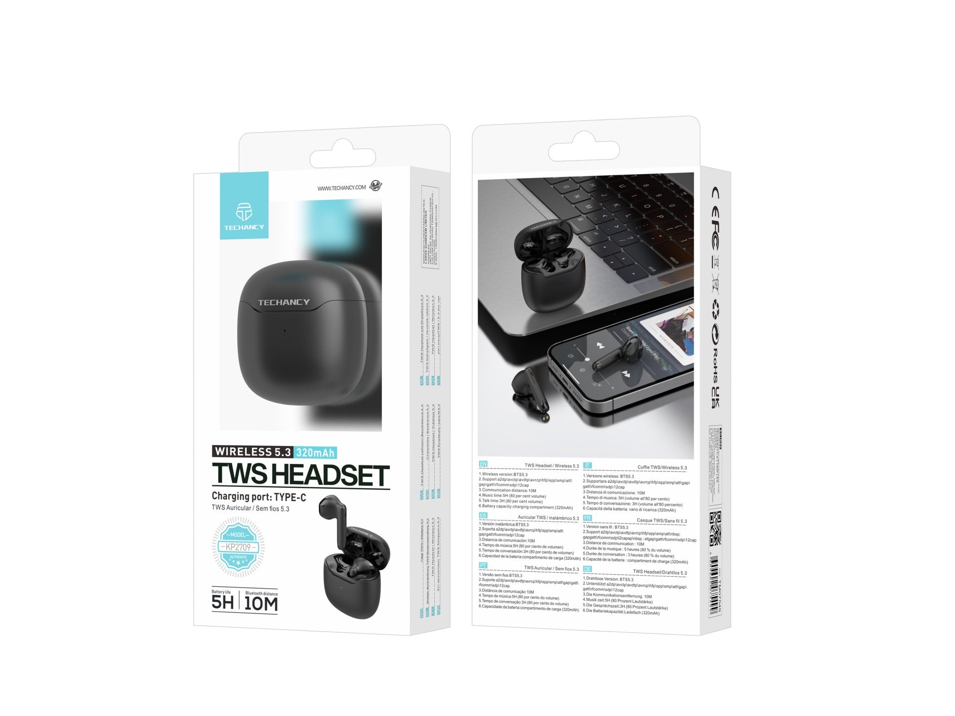 Techancy KP2709 TWS Wireless Earphones 5.3 Bluetooth Type C Port 10m Distance 5h Music Charging Case 320mAh Black