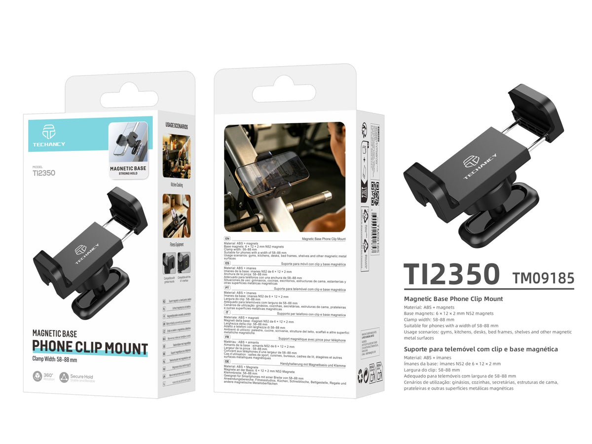 Suporte com Clip para Telemovel Techancy TI2350, 58-88mm, Base Magnetica N52, Rotacao 360 Graus, Multiusos, Preto