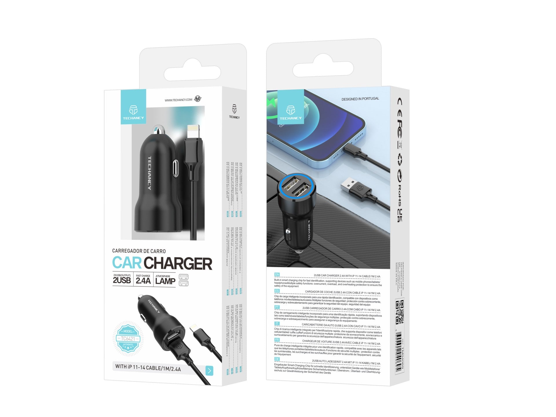Techancy 2USB 2.4A Car Charger with 11-14/1M IP Cable TC6421 Black, Fast Charging, Multiple Protections