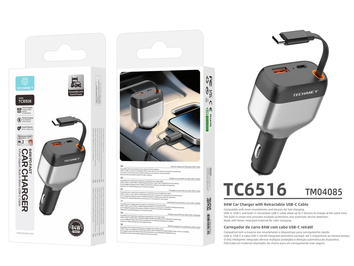 Carregador de Isqueiro para Carro Techancy TC6516, 84W PD, 3 Portas, Cabo USB-C Retratil de 80cm, USB-A, Preto e Prateado