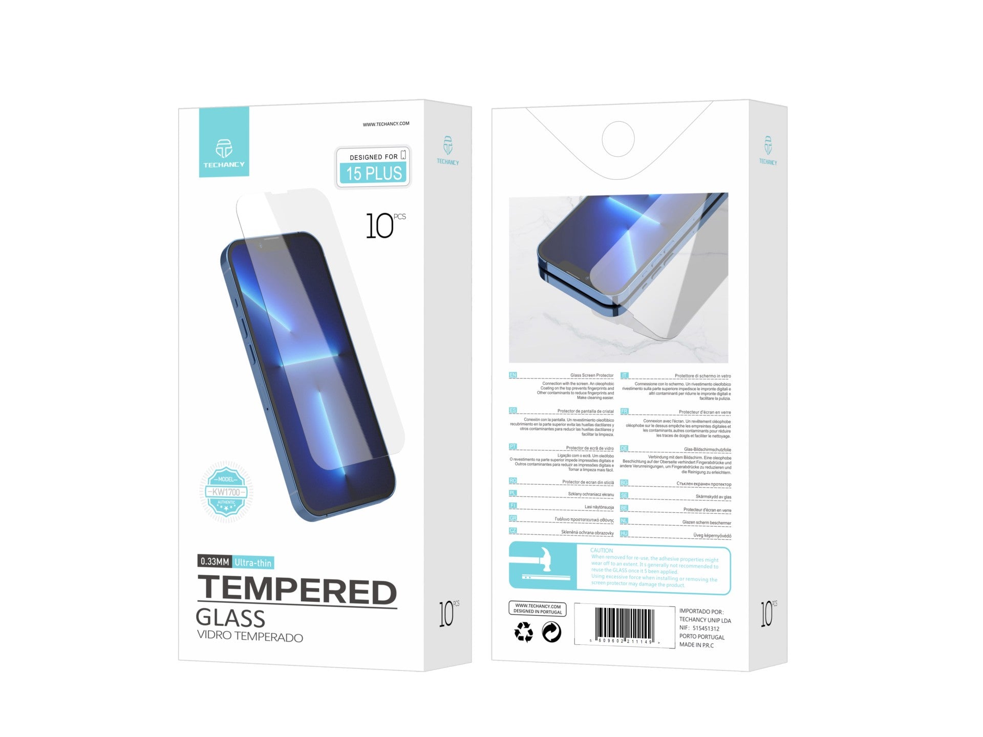 Techancy Película de Vidro Temperado para iPhone 15 Plus KW1700 , 0.33MM, Anti-riscos, Alta Transparência, Fácil Aplicação