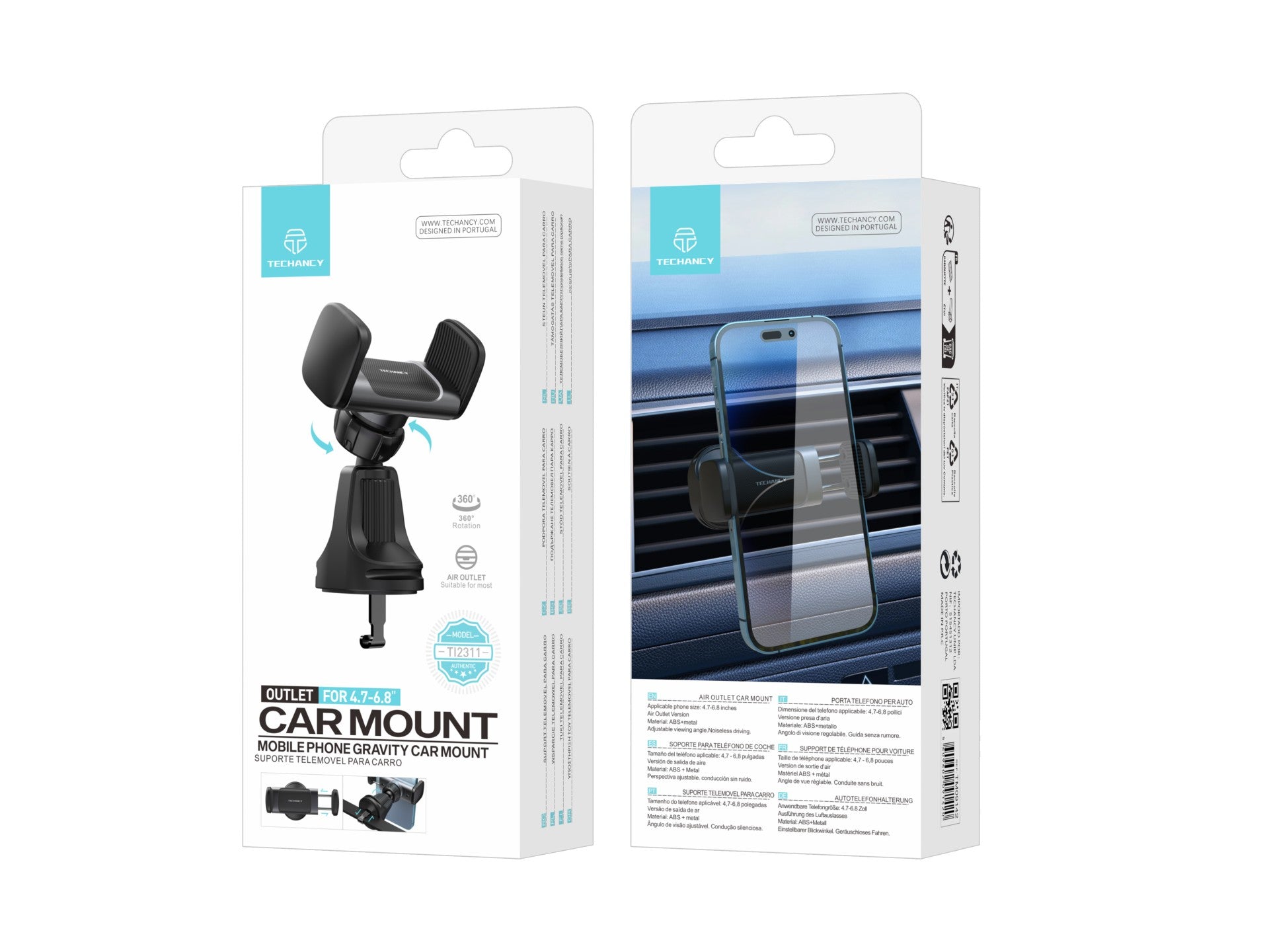 Techancy Suporte Para Telemóvel Para Automóvel Ti2311 Preto, Suporte De Ventilação Para Automóvel, Telemóvel De 4,7-6,8 Polegadas