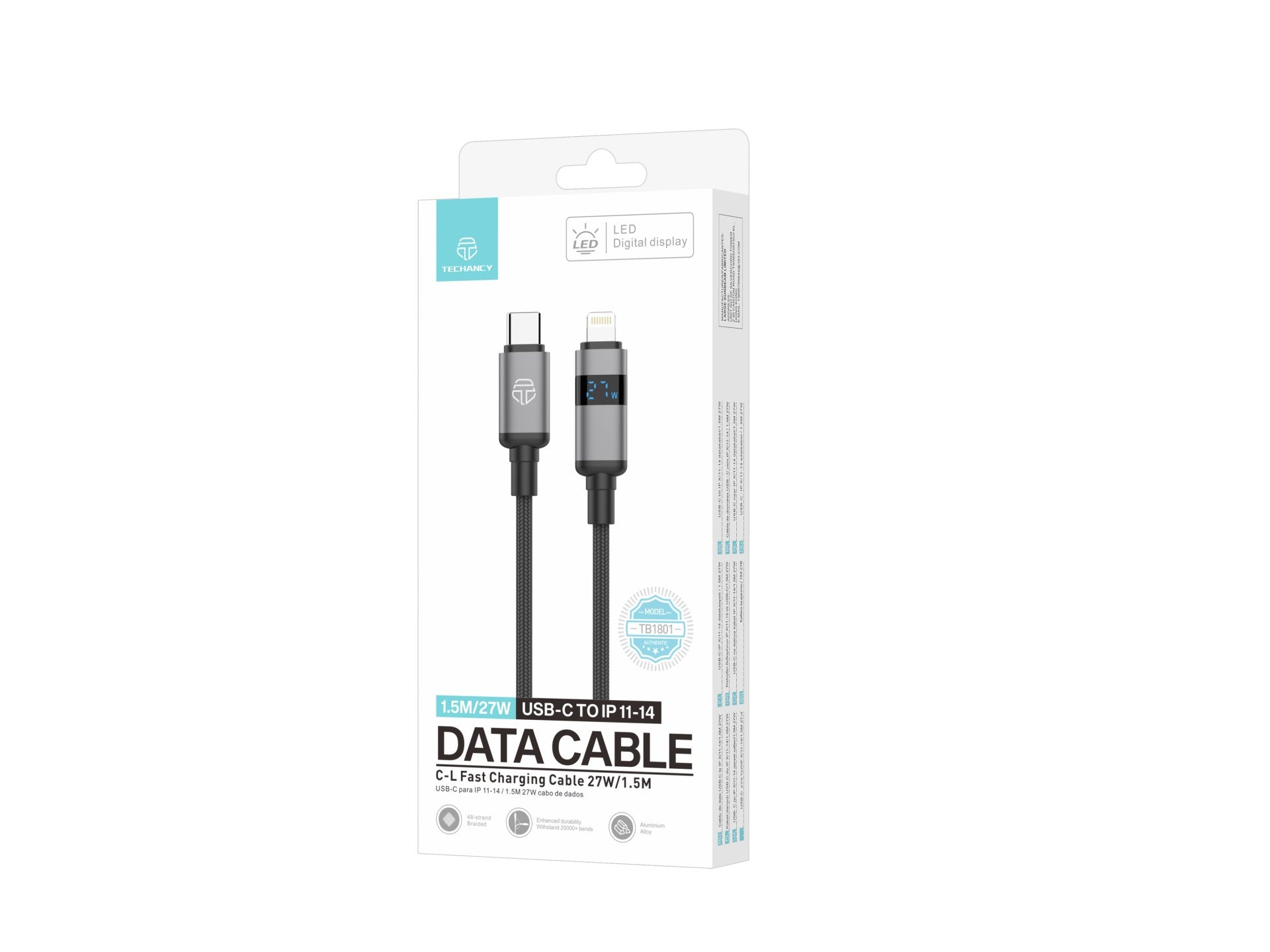Techancy USB-C to Lightning Cable TB1801, 27W, 1.5m Black, LED Power Display, Aluminum Connector, Braided Wire