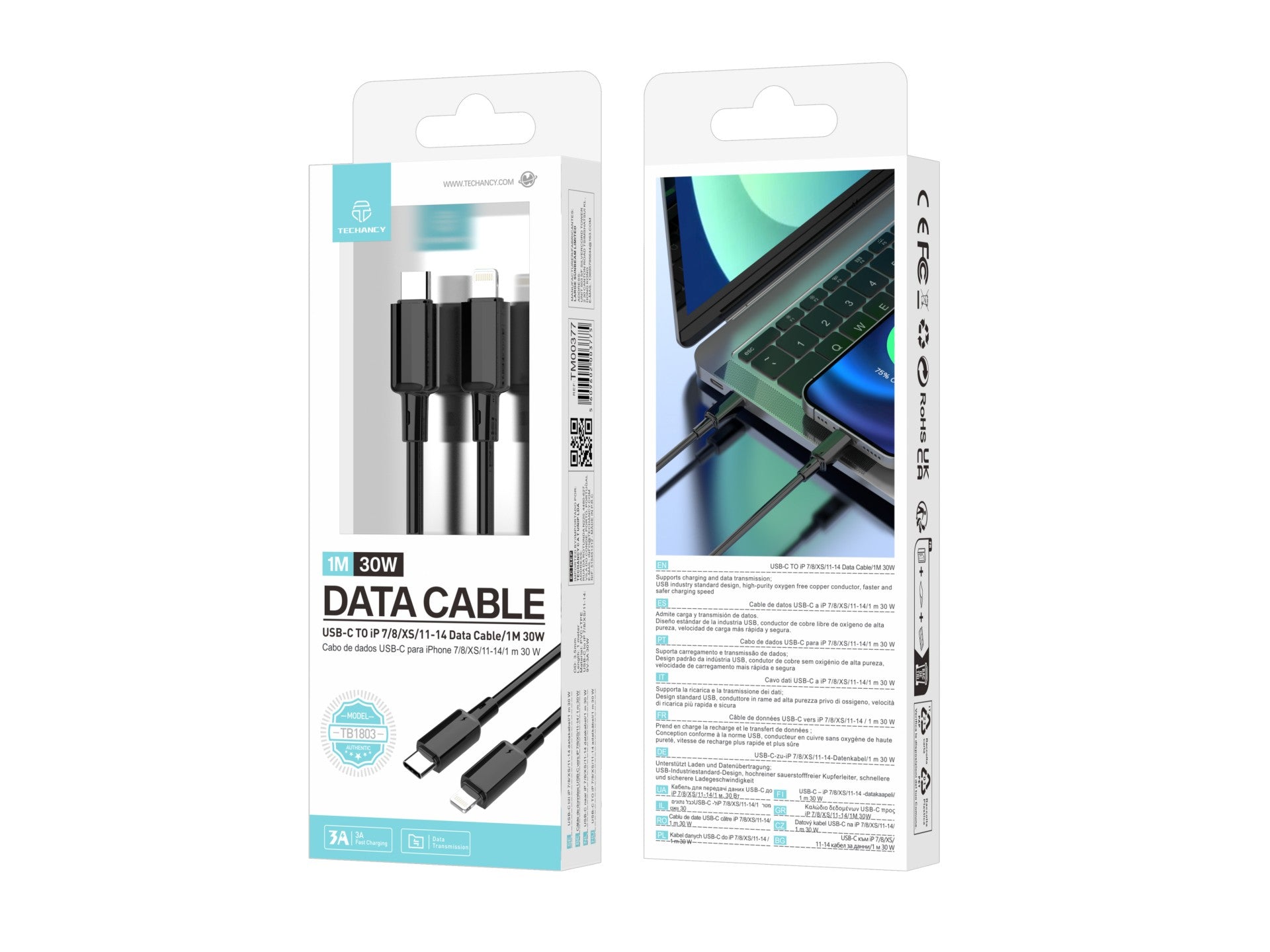 Techancy Cabo USB C para Lightning TB1803 1m 30W Carregamento rapido e dados iPhone 7 8 XS 11 12 13 14 Preto