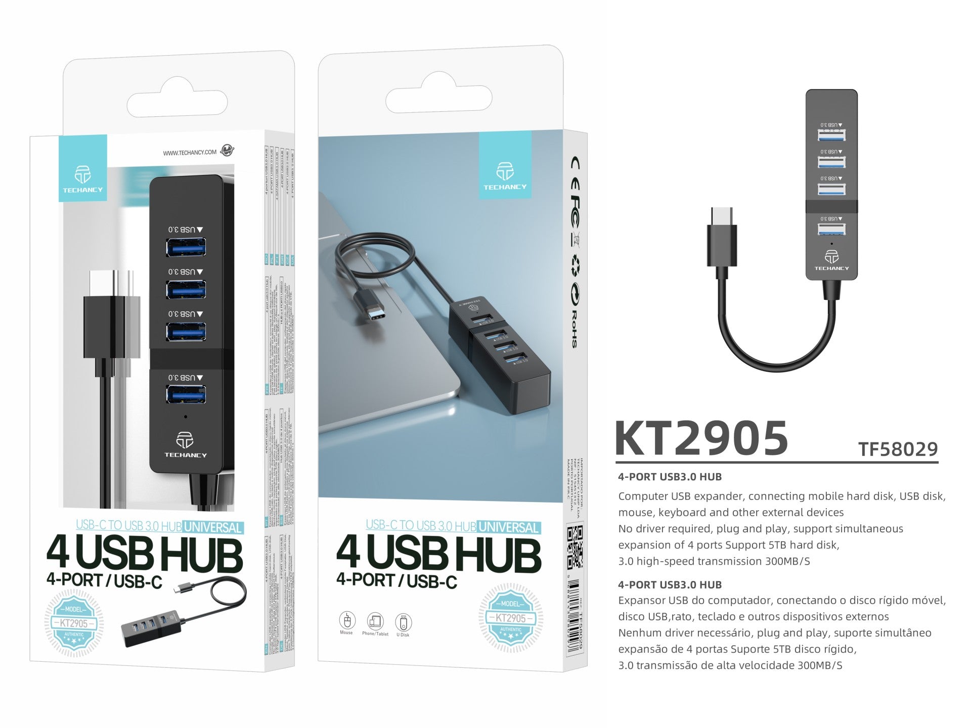 Techancy USB-C HUB, 4 portas USB 3.0, KT2905, preto