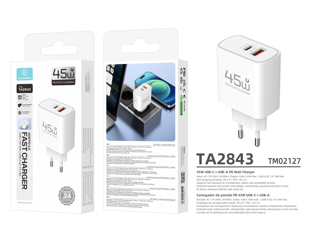 Carregador USB-C 45W TECHANCY TM02127, Carregamento Rapido PD 3.0 PPS, USB-A QC 3.0, 2 Portas, Ficha Europeia, Branco