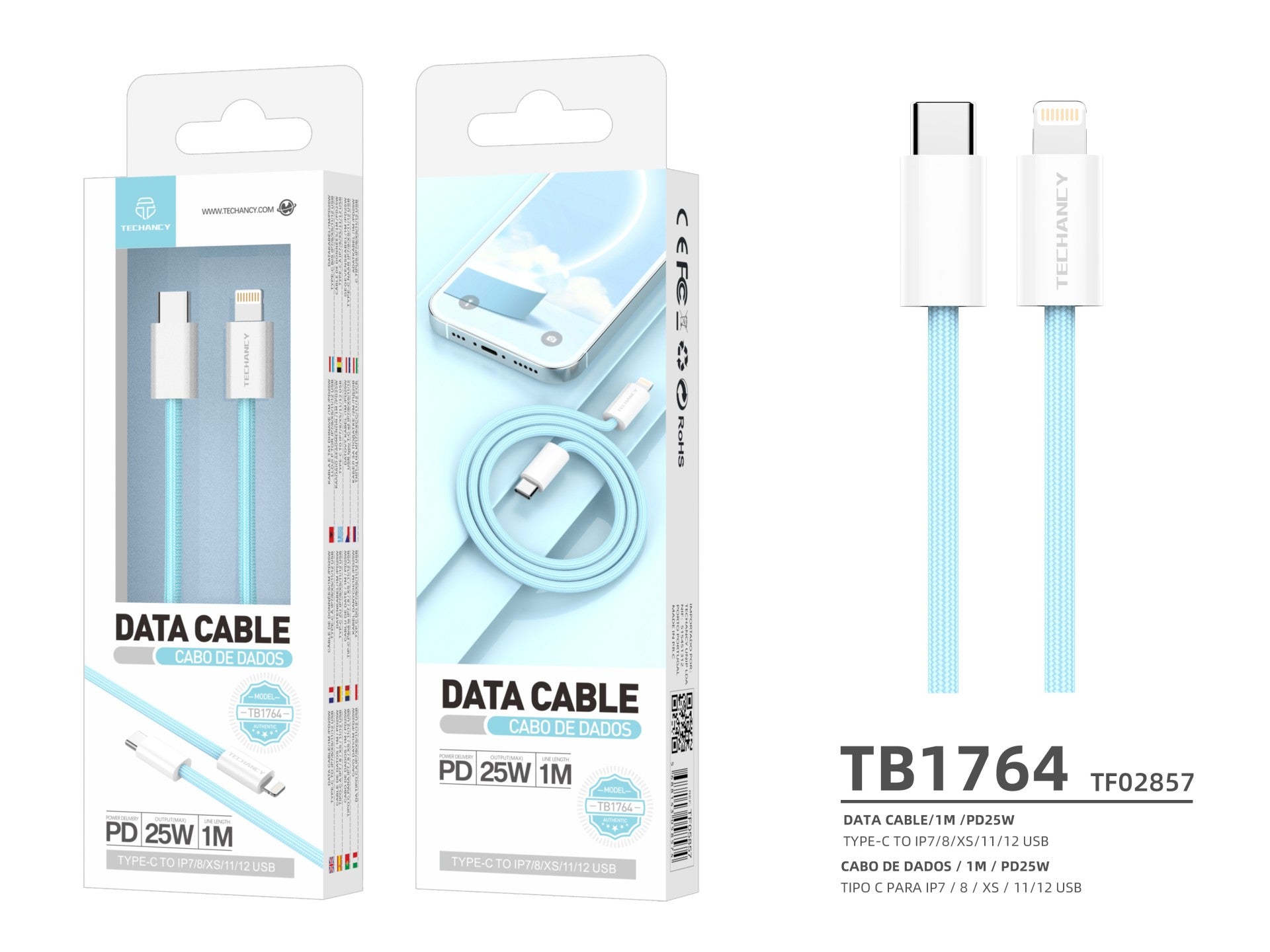 Cabo de dados Techancy PD-iPXS/11-14 25 W, TB1764, 1 m, azul