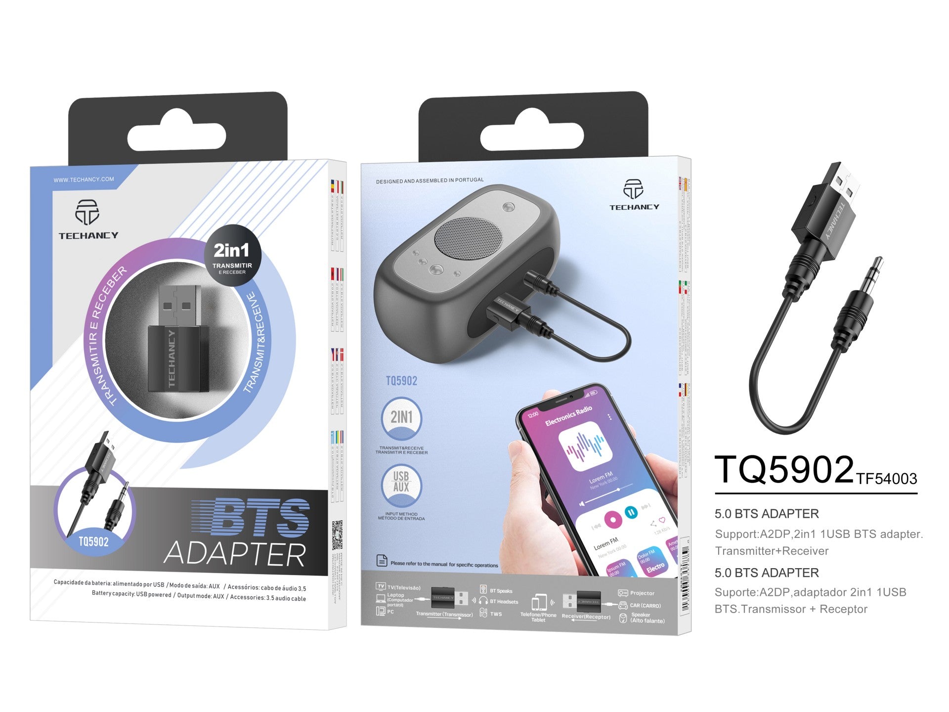 Adaptador Bluetooth sem fios 2 em 1 Techancy, TQ5902, suporta transmissão e receção de áudio Bluetooth, preto