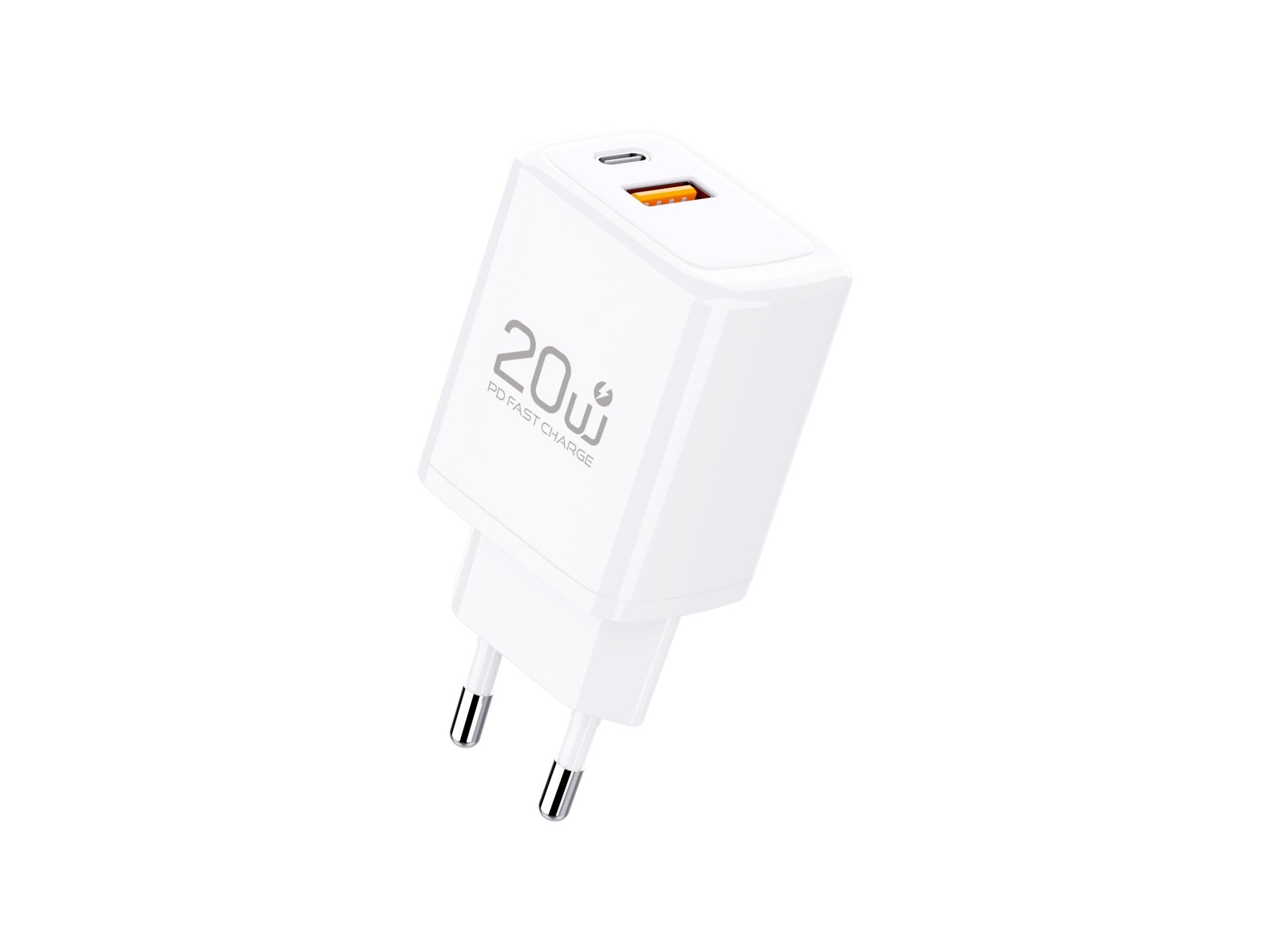 Cargador Techancy TA2825 PD3.0 de 20 W con dos puertos USB-C y USB-A, compatible con varios teléfonos móviles y tabletas.