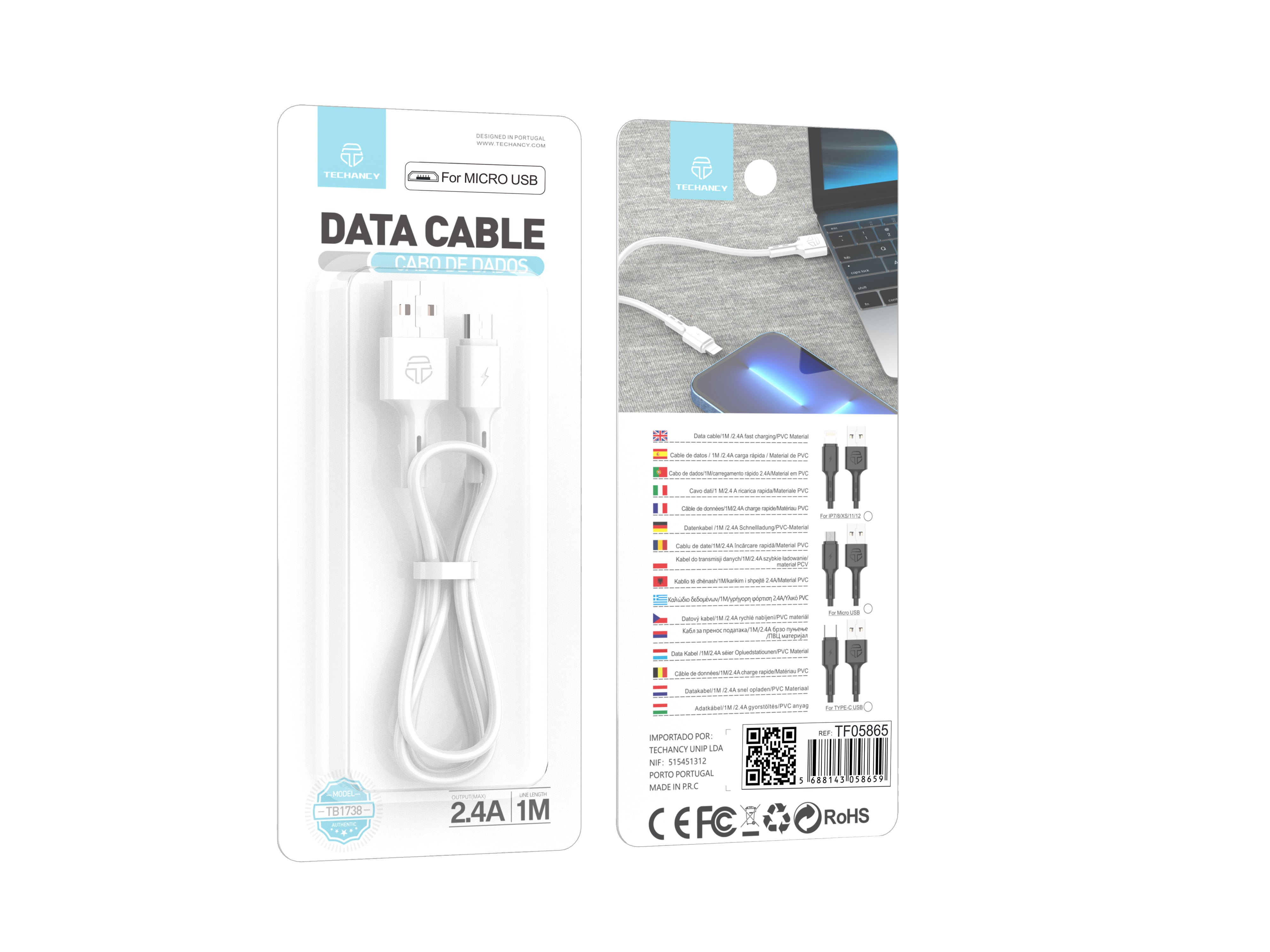 Techancy Cabo De Dados Usb-Micro, TB1738 1M, Carregamento Rápido 2,4A, Transferência De Dados, Branco